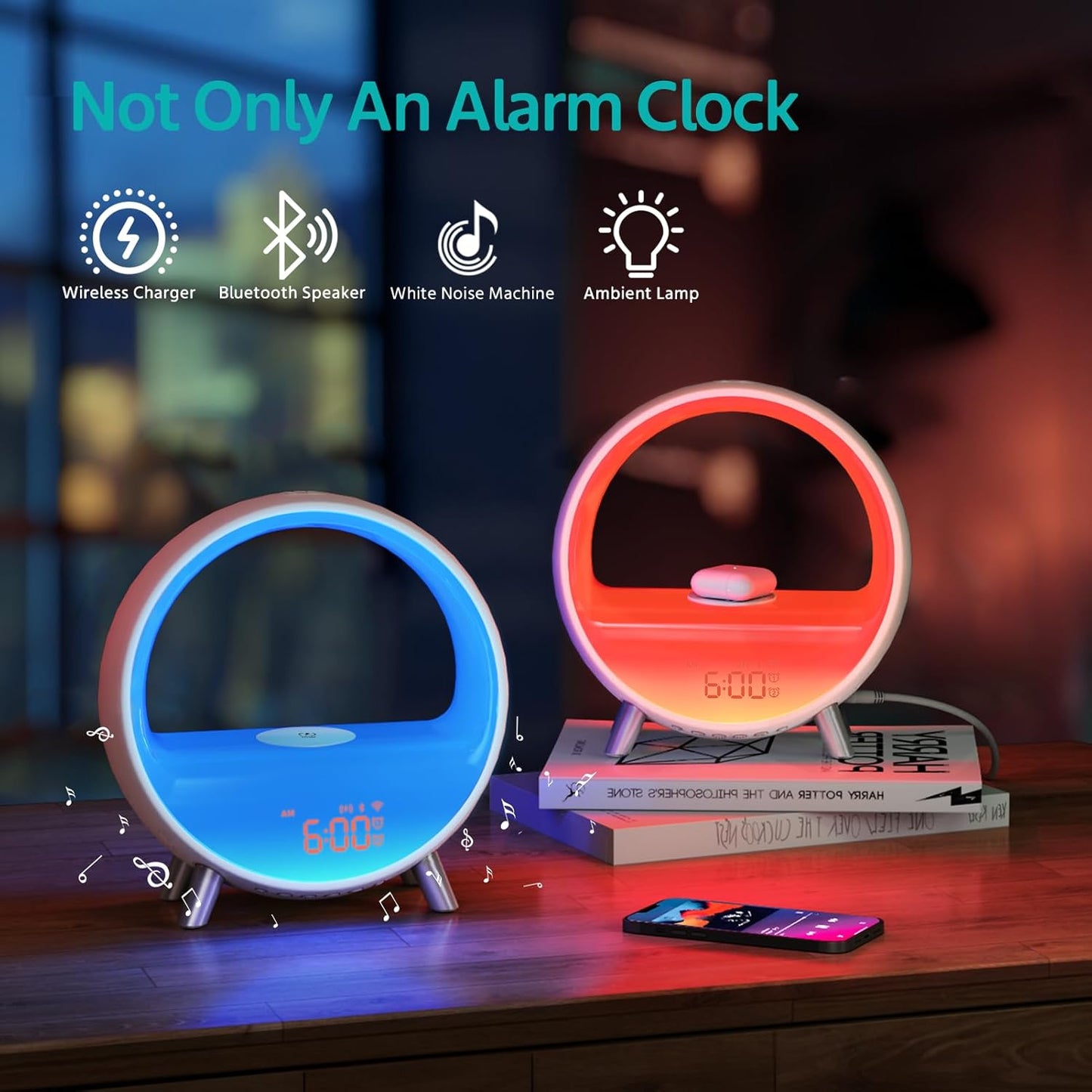 MOMILLA Sunrise Alarm Clocks with Bluetooth Speaker, White Noise Sound Machine with with Wireless Charging Station, 11 Lights Effects Night Light, Wake up Light Sunset Lamp Bedrooms for Adults Kids