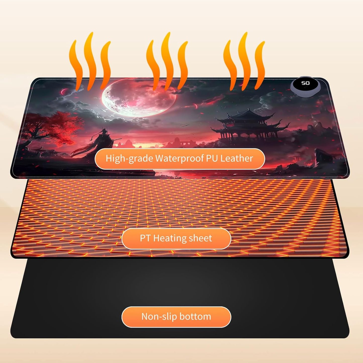 Small Heated Desk Pad 23.6" x 14.2" – Compact Electric Mouse Pad with 3 Heating Levels, Auto Shut-Off, Waterproof PU Surface, Plug-in Warmer for Office or Home Use, Bloody Moonlight