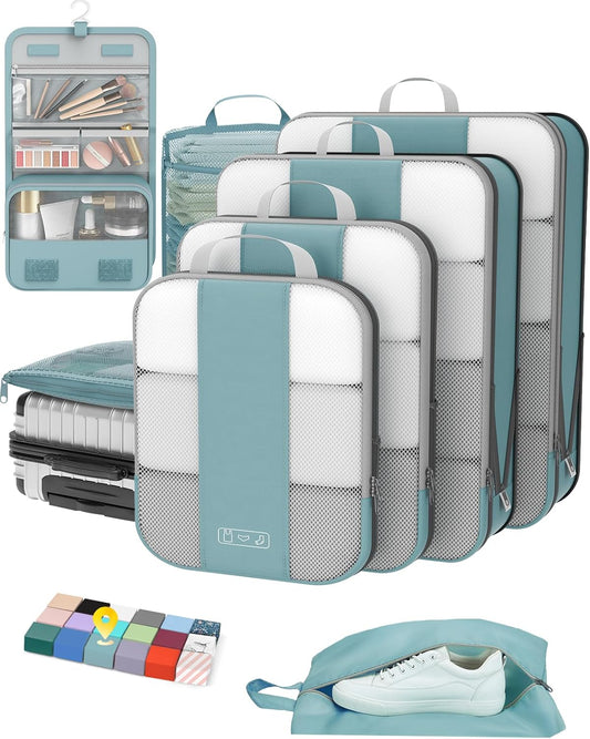 8 Set Compression Packing Cubes for Travel Essentials,Compressible Expandable Packing Cubes for Suitcase,OlarHike Luggage Organizer Bags for Travel,Handy Helper for Organizing Clothes(Blue Gray)