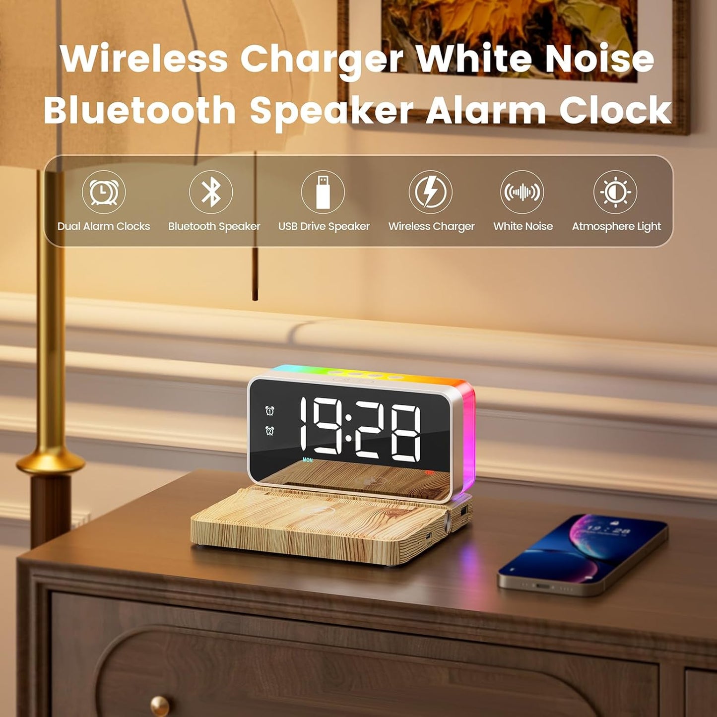 Alarm Clocks for Bedrooms with Wireless Charger Station, Bluetooth Speaker, Woodgrain, White Noise Sound Machines, RGB Night Lights, Ideal Gift for Adult Man Women Teen Girls Boys
