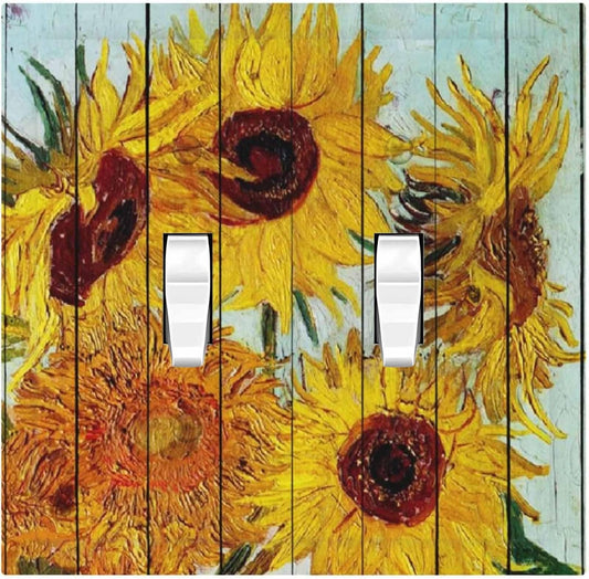 Decorative Switch Plates Sunflowers Oil Paintings Wood Floral 2 Gang Double Toggle Outlet Light Switch Cover Wall Plate Electrical Faceplate For Farmhouse Bed Room Decor