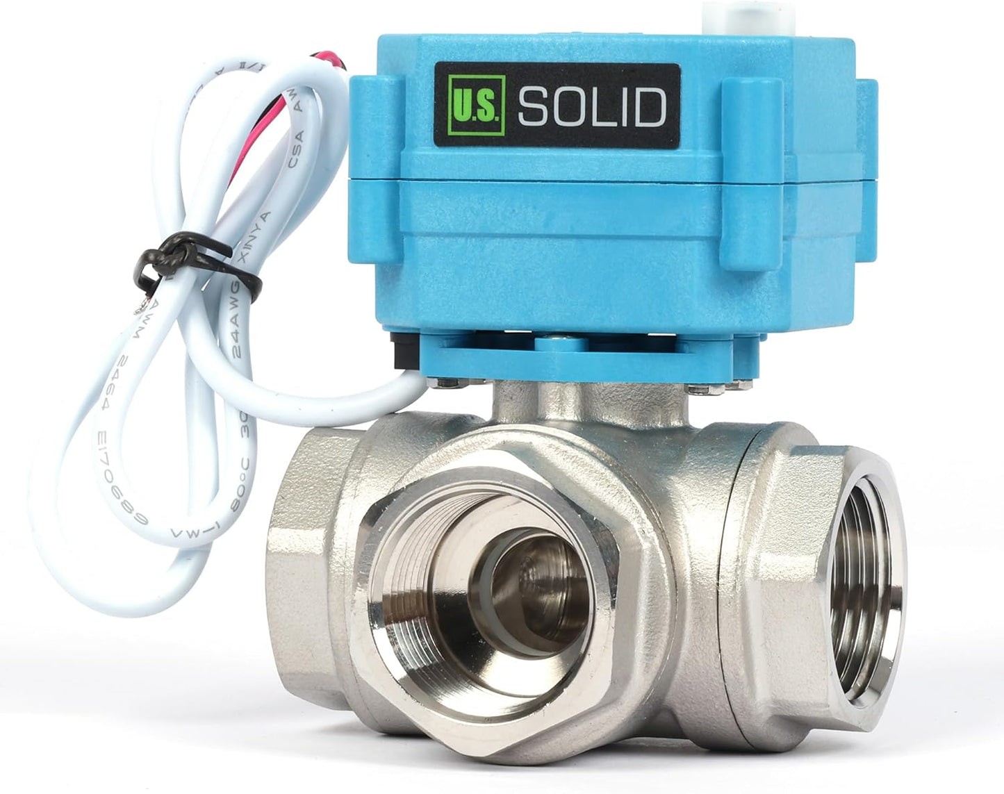 U.S. Solid 1" 3 Way Stainless Steel Motorized Ball Valve AC110-230V, L Type Water Shutoff Valve with Manual Function, Standard Port