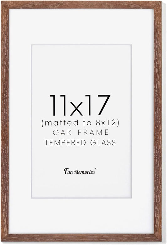 Fun Memories 11x17 Picture Frame, Natural Solid Oak Wood Frame 11 x 17 with Tempered Glass, 11''x17'' Matted for 8x12 Picture, Minimalist Wooden by Poster Art Walnut