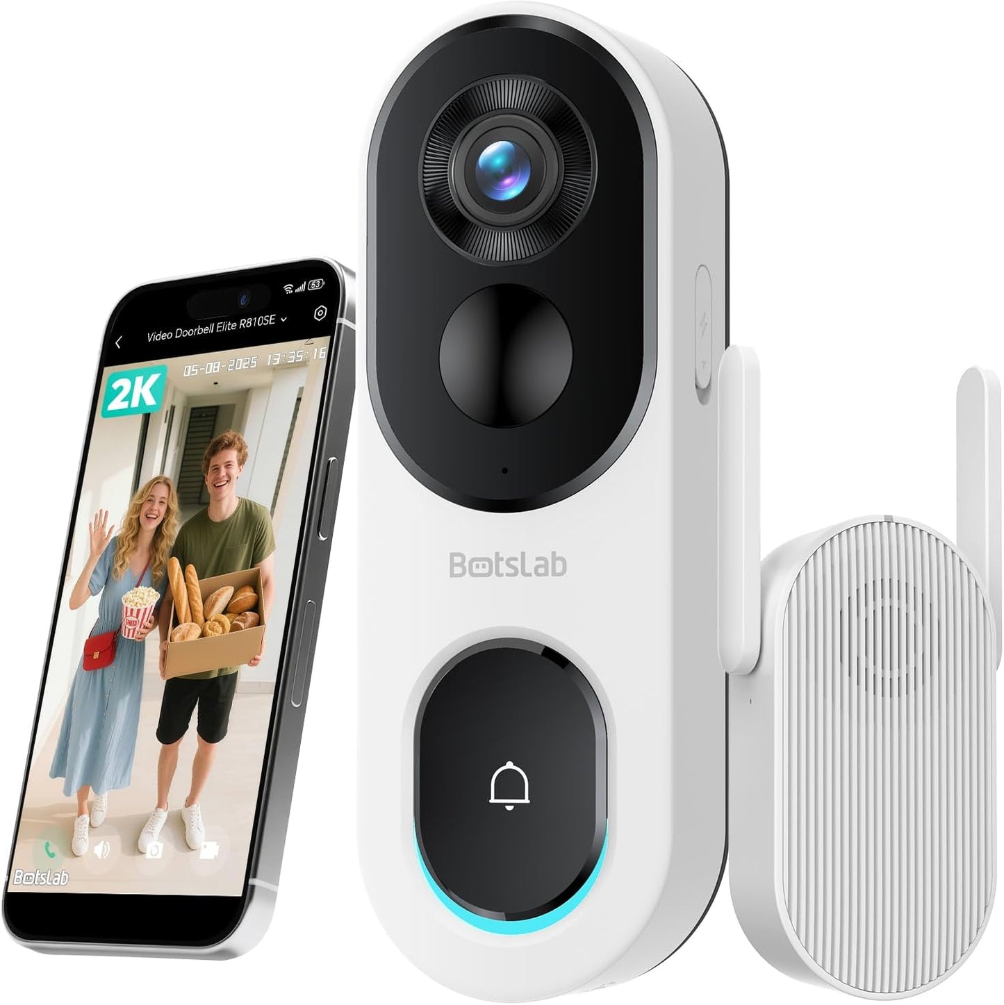 BOTSLAB 2K Doorbell Camera Wireless, 180° Head-to-Toe View, No Monthly Fee, Video Doorbell with 2-Way Audio, Human Detection, 5200mAh Battery, 2.4Ghz WiFi