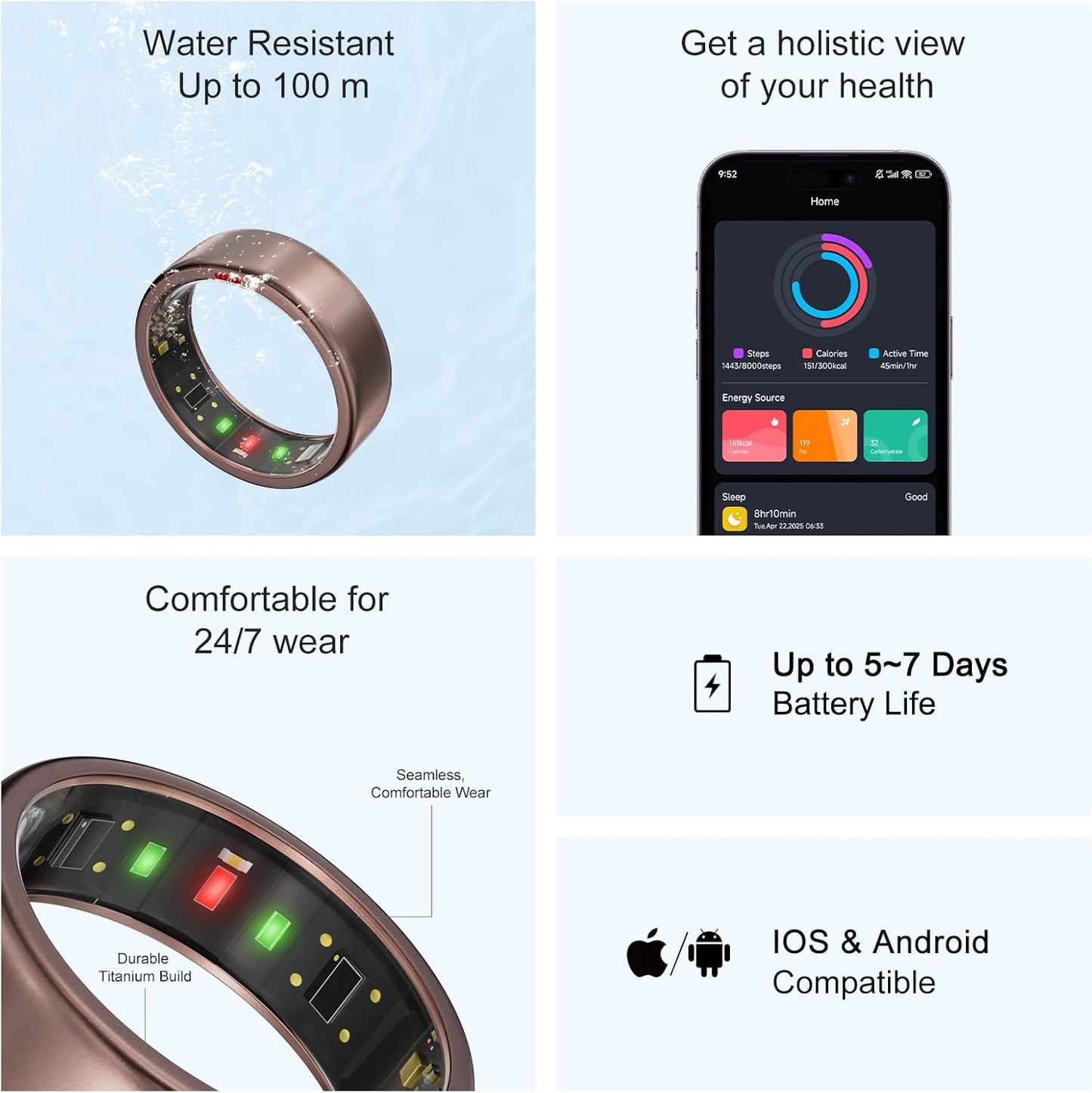 Ring OnePlus - Ultra-Thin Titanium Smart Ring - 7 Days Battery Life - Fitness/SPO₂/Stress/HR/Sleep Skin Temperature Tracker - No App Fee - iOS&Android Compatible (Rosegold,8)