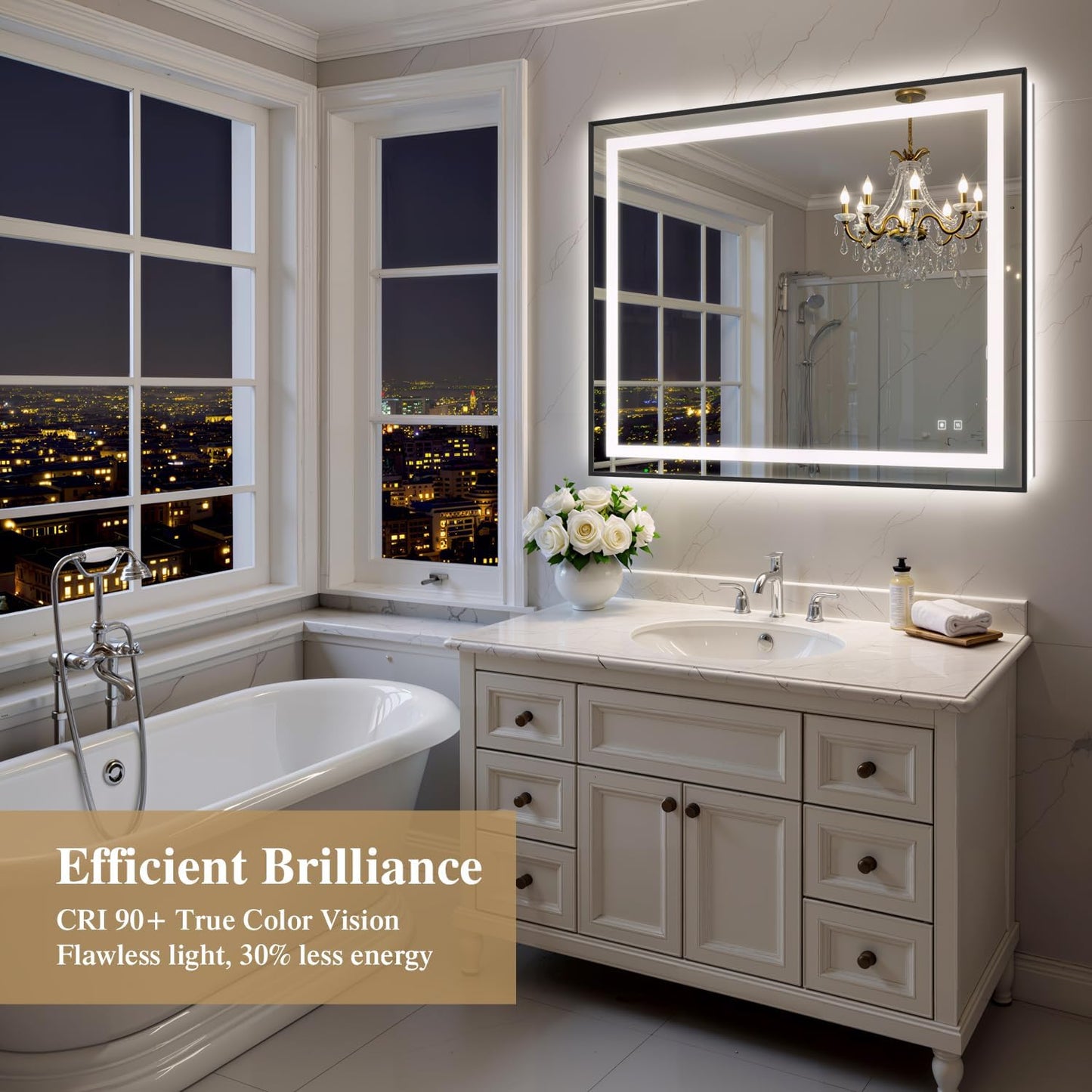 48X40 Inch LED Bathroom Mirror with Lights, Black Frame Frontlit+ Backlit Bathroom Vanity Mirror for Wall, Ultra-Clear Tempered Glass, Shatter-Proof, Anti-Fog and Memory Function, ETL Listed