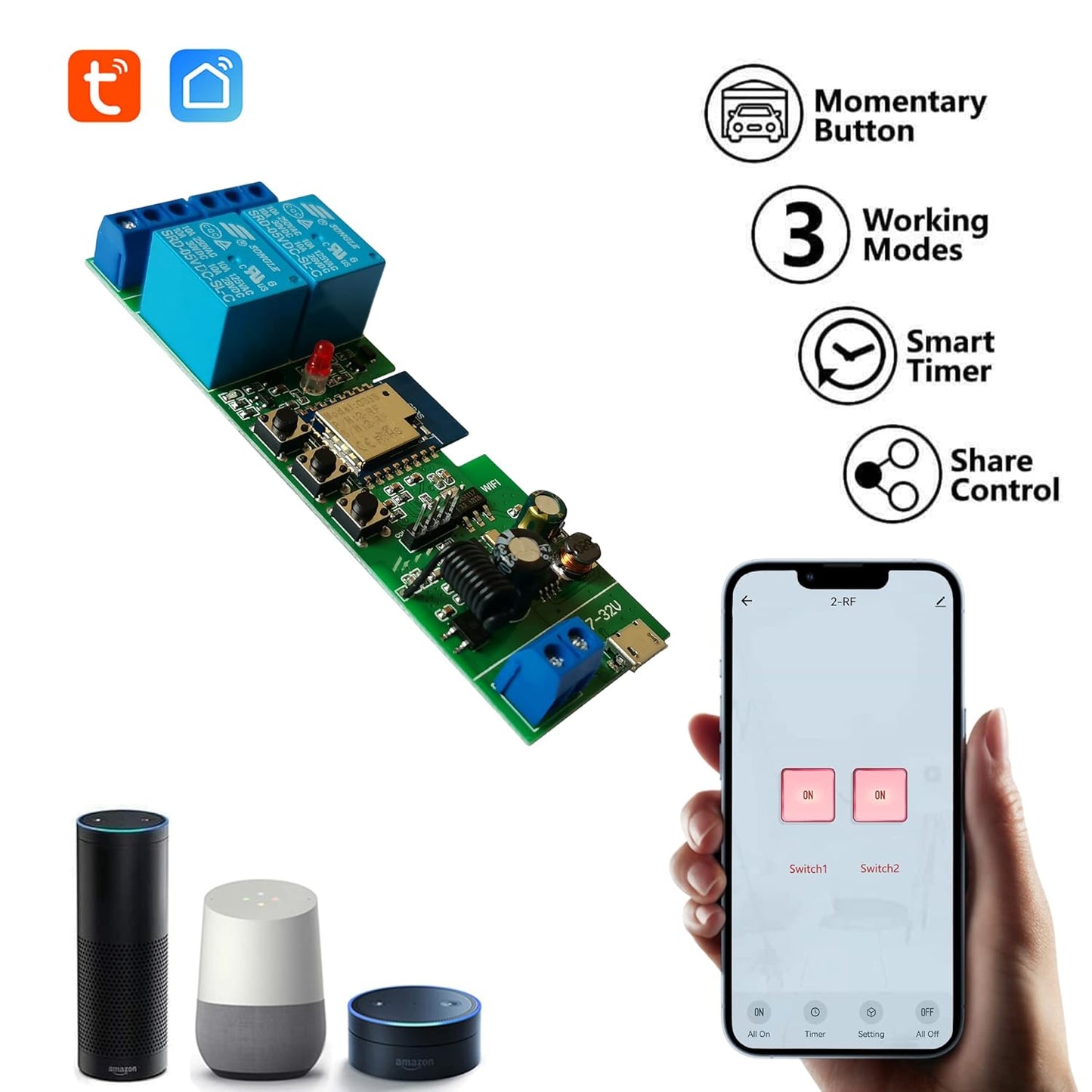 Jane Eyre WiFi Wireless Relay Module 2 Channel Remote Switch Momentary/Self-Locking Relay for Tuya/Smart Life APP with 433MHz RF Remote Control Compatible with Alexa and Google Assistant