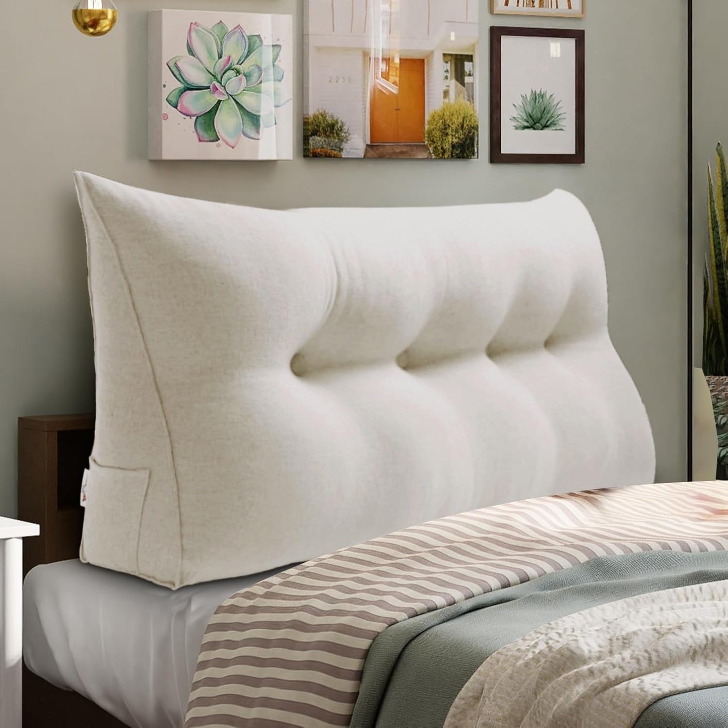 WOWMAX Triangular Headboard Pillow Bed Wedge Pillow for Headboard Full Size Wedge Pillows for Daybed Large Bolster Pillow for Bed with Removable Cover, 85% Linen 15% Cotton Blend, Pure White