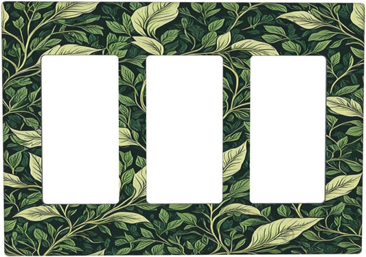 Vintage Green Plant Leaves Triple Rocker Light Switch Covers 3 Gang Outlet Cover Wall Plates Decorative Switch Plates Electrical GFCI Faceplate Switchplate for Home Decor 4.49 X 6.38 IN