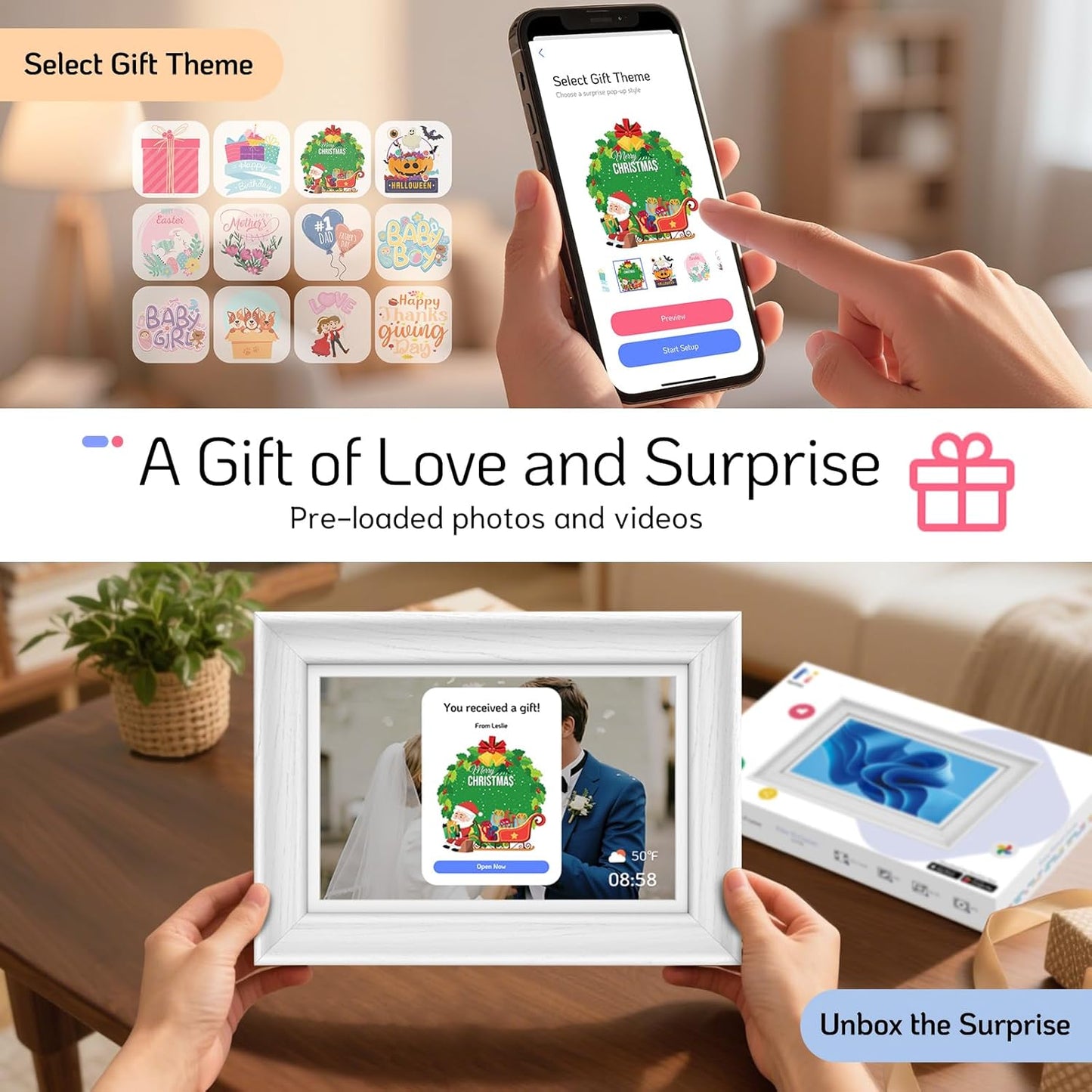 NexFoto Touchscreen Digital Picture Frame 10.1 Inch 64GB, WiFi Photo Frame Electronic, Add Pics from Google Photos, Easy to Share Videos via App/USB/Micro SD, for Christmas/Mom/Birthday, White Wood