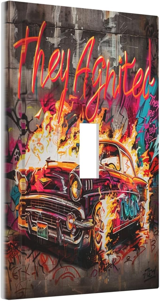Decorative Light Switch Cover Hip Hop Street Graffiti Flame Car 1 Gang Single Toggle Device Electrical Faceplate Switchplates Decorator Outlet Wall Plate for Bedroom living Room Decor