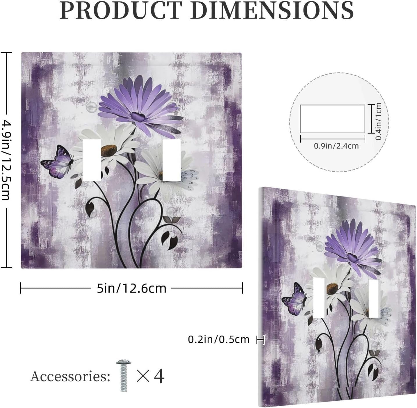 Purple Daisy White Floral Butterfly Flowers 2 Gang Double Toggle Light Switch Cover Decorative Switchplate Electrical Wall Plates Faceplate for Bathroom Bedroom Decor 4.9 X 5 IN