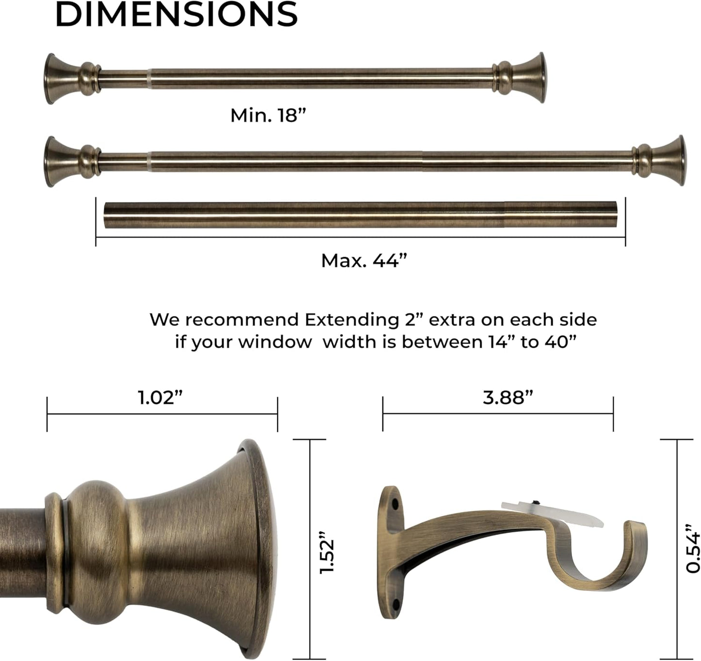 Deco Window Adjustable Curtain Rod for Windows 18 to 44 Inch (Pack of 1) Extendable Heavy Duty 1 Inch Iron Drapery Pole with Finials Wall Mounted French Door Curtain Rods (Brass)