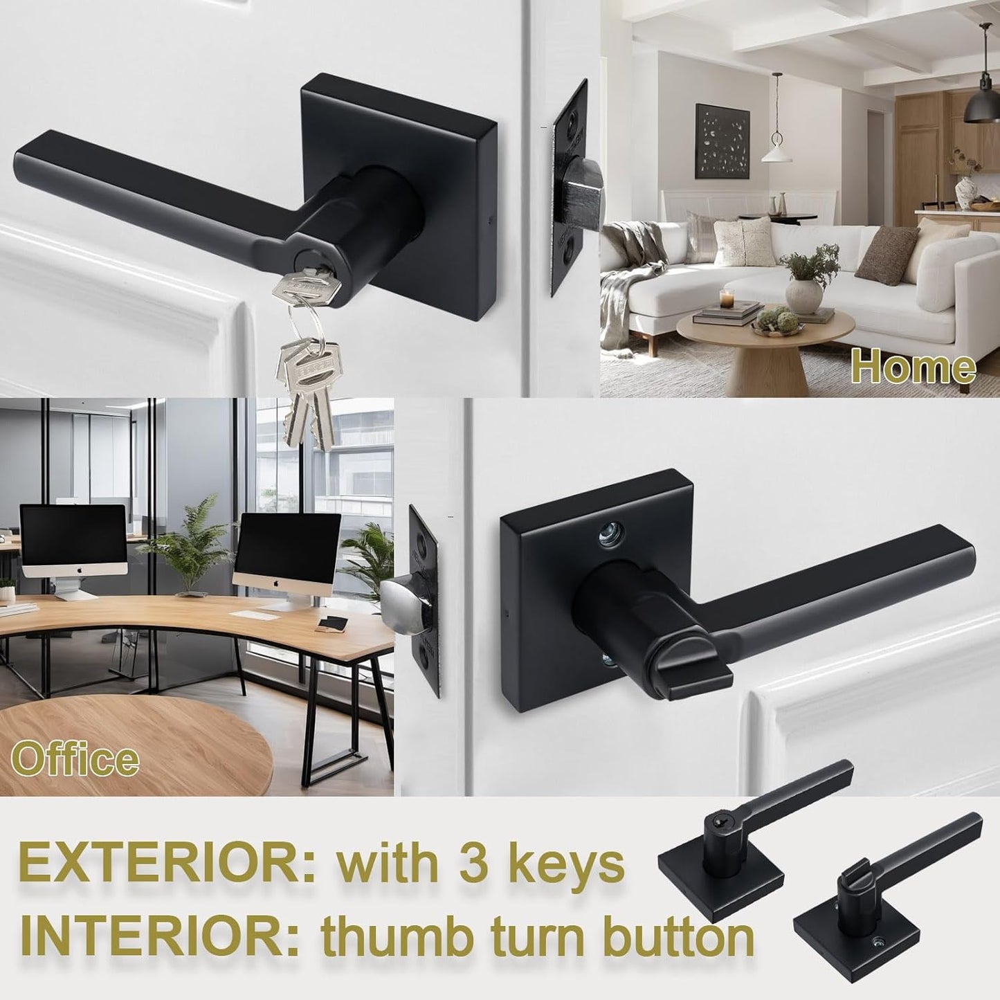 Keyed Entry Door Lever with Lock, Heavy Duty Square Interior Handle for Front Door and Office, Matte Black, Reversible for Right&Left Handed, 2Packs