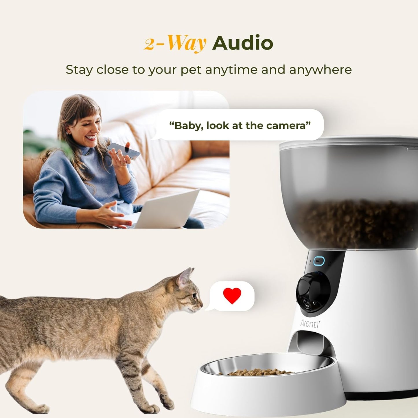 ARENTI Automatic Cat Feeder with Camera, 4L Auto Cat Food Dispenser for Cats, Smart WiFi Pet Feeder with App, 2K HD Two-Way Audio Meal Call, Dual Power, Color Night Vision, 2.4GHz/5GHz & Bluetooth
