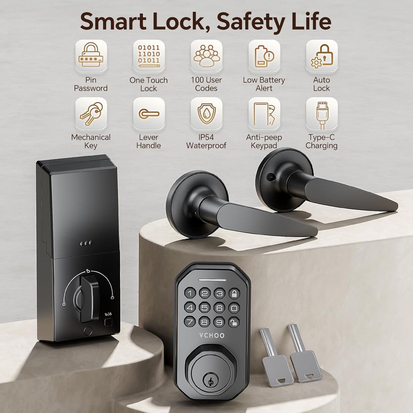 Keyless Entry Door Lock Set Smart Locks for Front Keypad Door Lock with Handle Automatic Lock One Time Password Anti Peeping Password IP54, Black