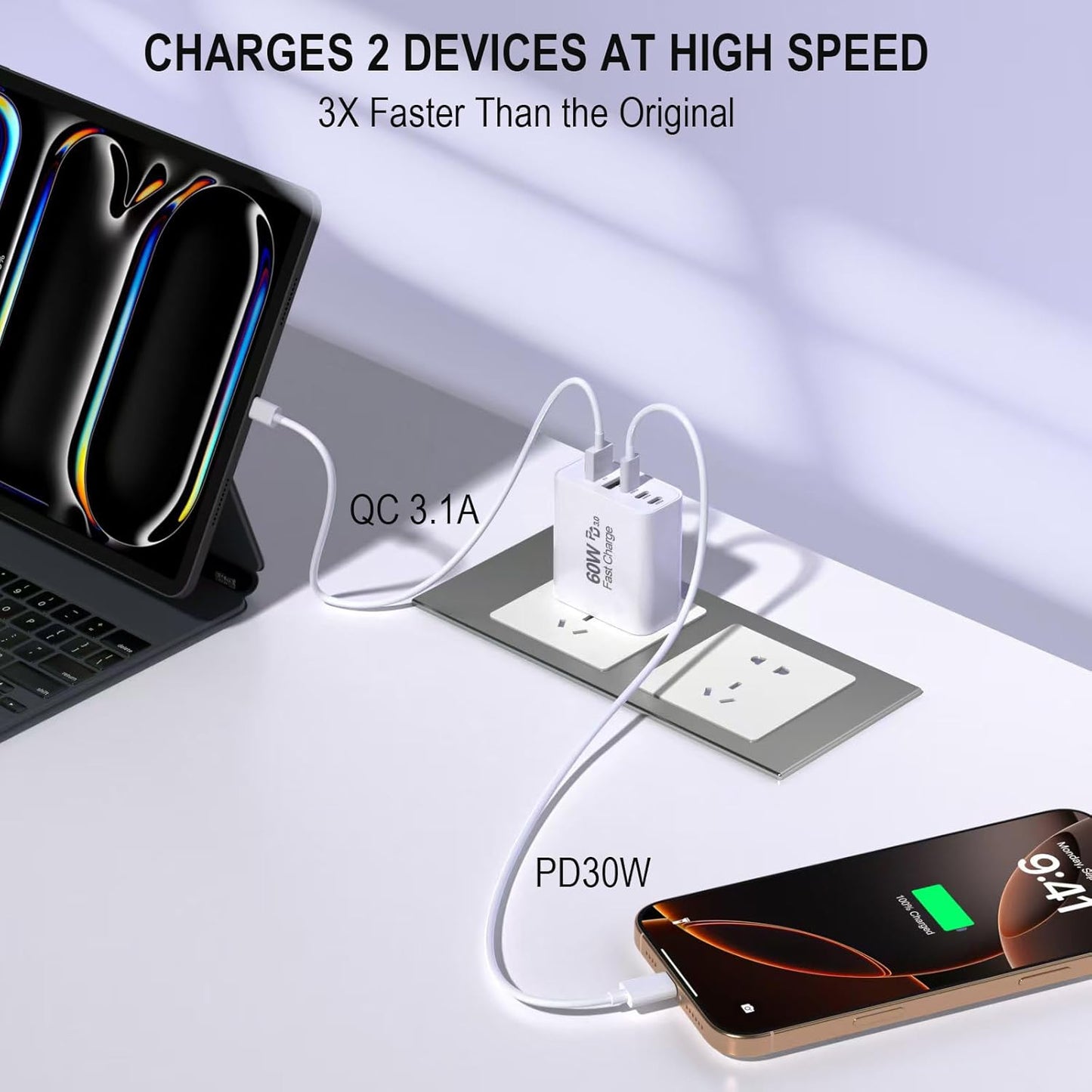 USB C Fast Charger Block, 2Pack 60W 5-Port Type C iPhone Charger Plug, Apple Fast Charging Block, 3 USB C+2 USB A PD & QC 3.0 Power Adapter Multi-port Cube Brick for iPhone 16/15/14/13/12/11/X/8, iPad