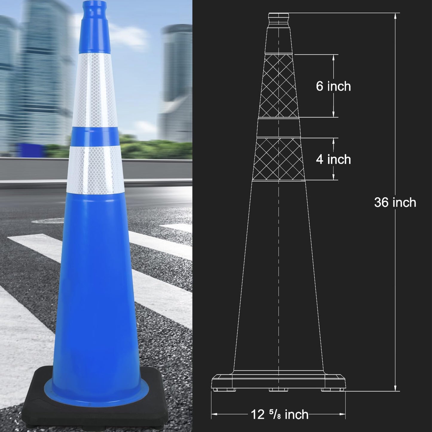 6 Pack 36" Large-Sized PVC Traffic Cones with Heavy-Duty Black Base, Garage Parking Lot Cones Structurally Stable Weatherproof Road Construction Safety Cones (6, Blue, 36" Extra Large)