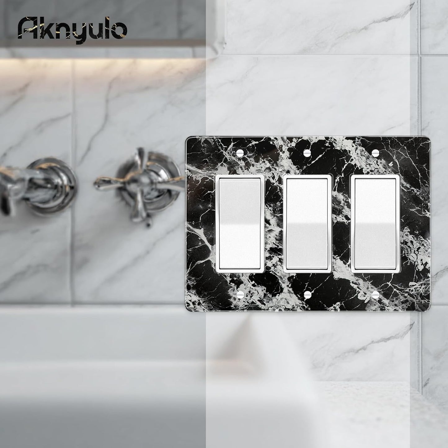 Black White Marble Pattern Acrylic Shiny Silver Wall Plate Triple Toggle Outlet Covers Decorative Switch Cover
