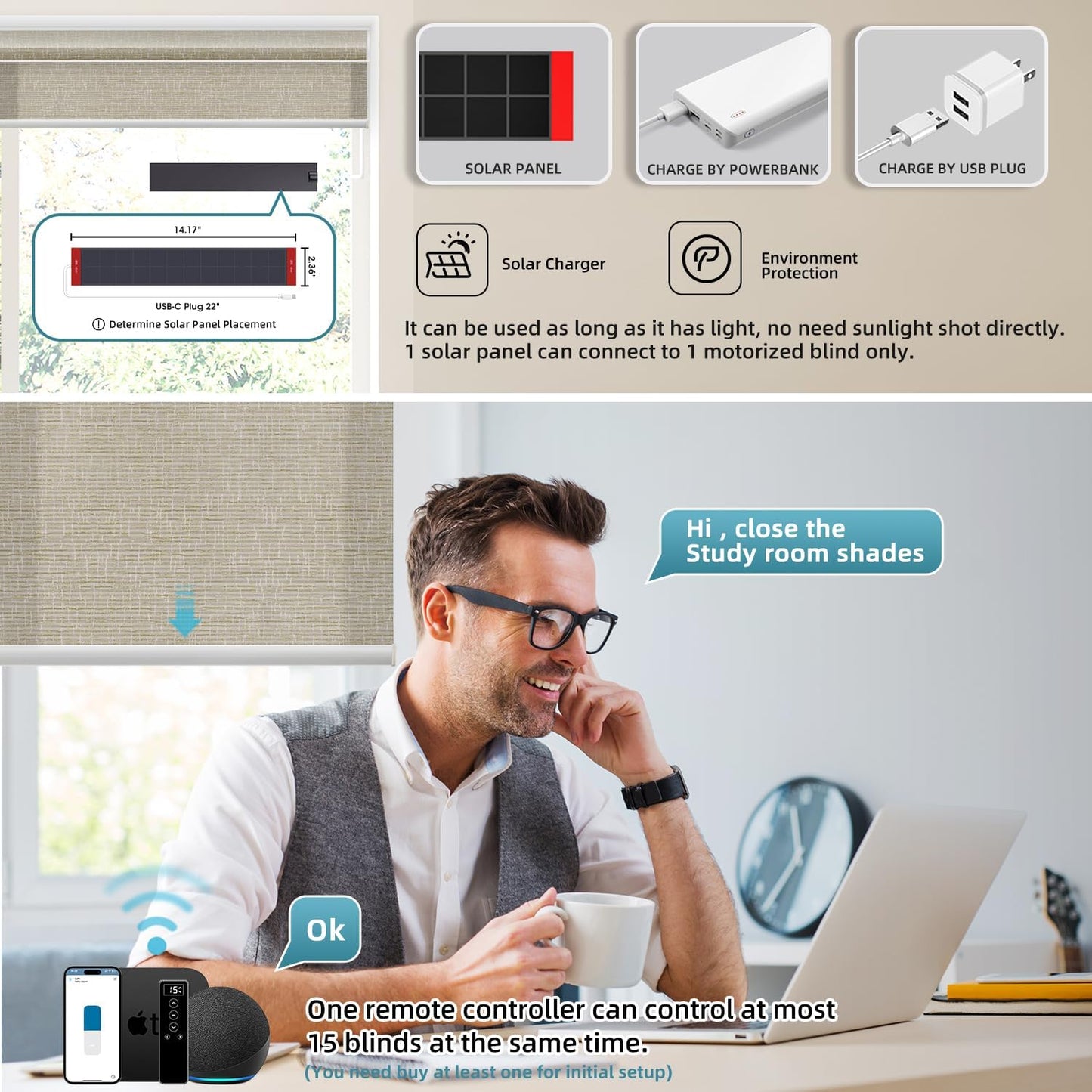 SmartWings Motorized Light Filtering Shades, 70% Blackout, Custom Size, Rechargeable Battery, Works with Matter/Apple HomeKit, Alexa, Thread/Zigbee, Remote Optional, 70% Safari Biscuit
