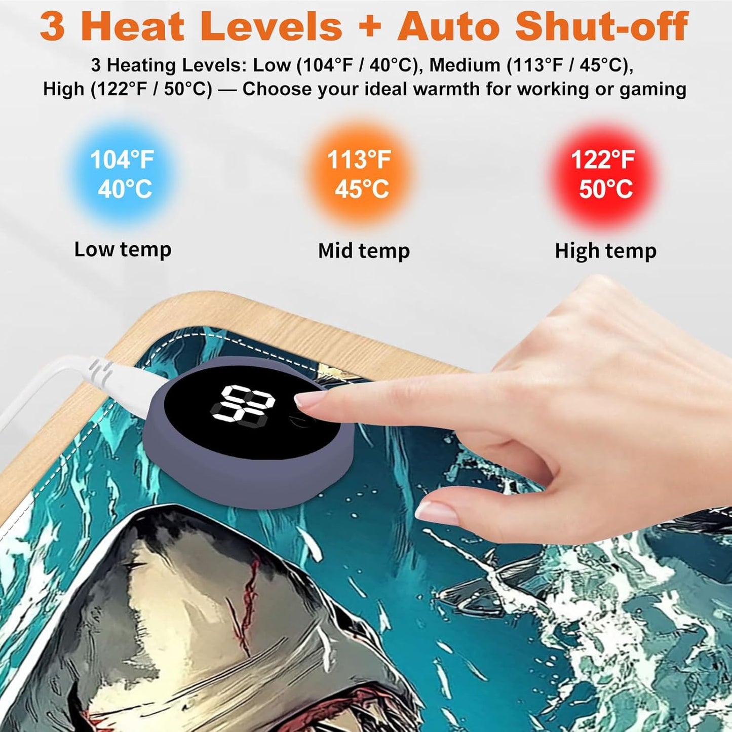Small Heated Desk Pad 23.6" x 14.2" – Compact Electric Mouse Pad with 3 Heating Levels, Auto Shut-Off, Waterproof PU Surface, Plug-in Warmer for Office or Home Use, Angry Shark