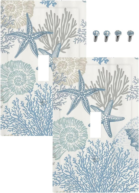 Decorative Light Switch Plate Covers Blue Starfish Coral Seaweed 1 Gang Light Switch Cover Plate Single Toggle Wall Plate Outlet Covers Faceplate for Bathroom Bedroom Decor （2 Pack）
