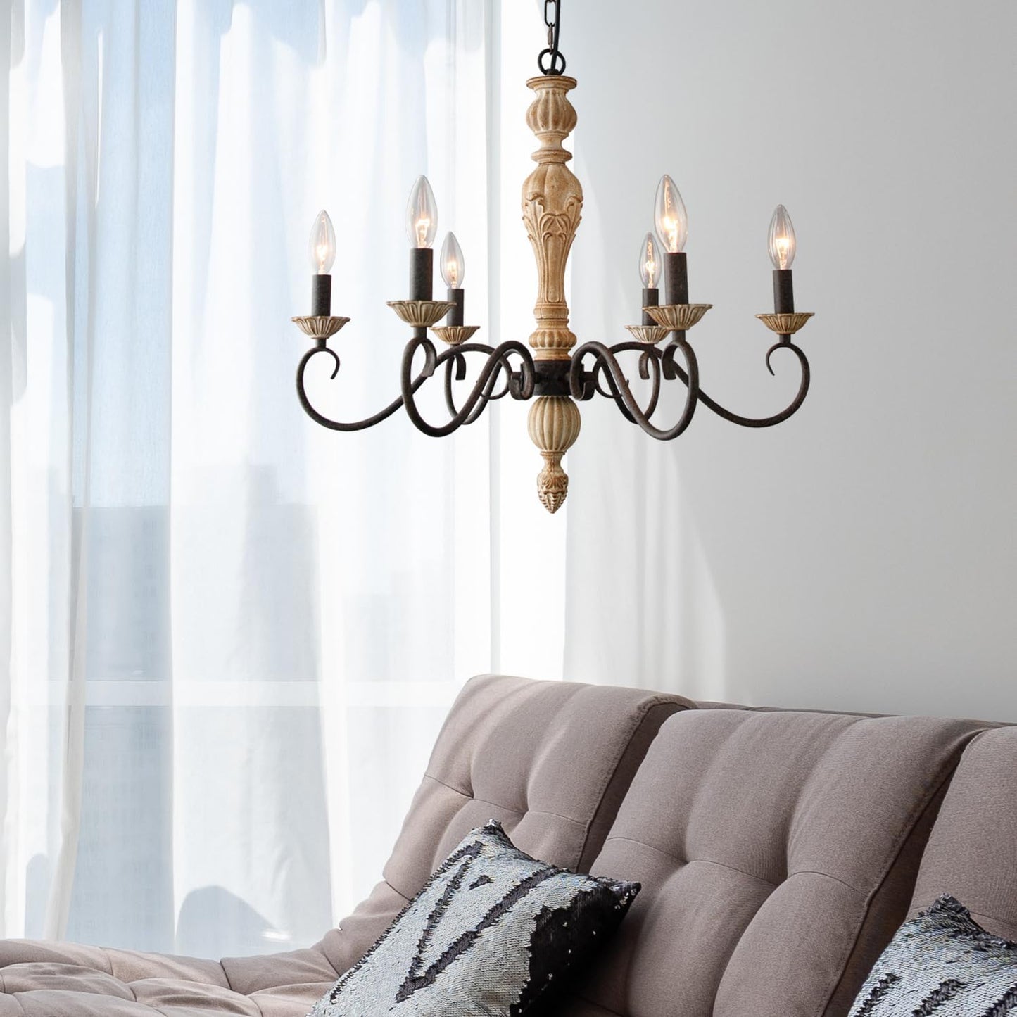 French Country Chandelier-Farmhouse Chandeliers for Dining Room 6 Lights Fixture Rust Imitation Wood Finish for Living Room, Bedroom, Kitchen, Stairway, Bathroom (Dia 23.3”)