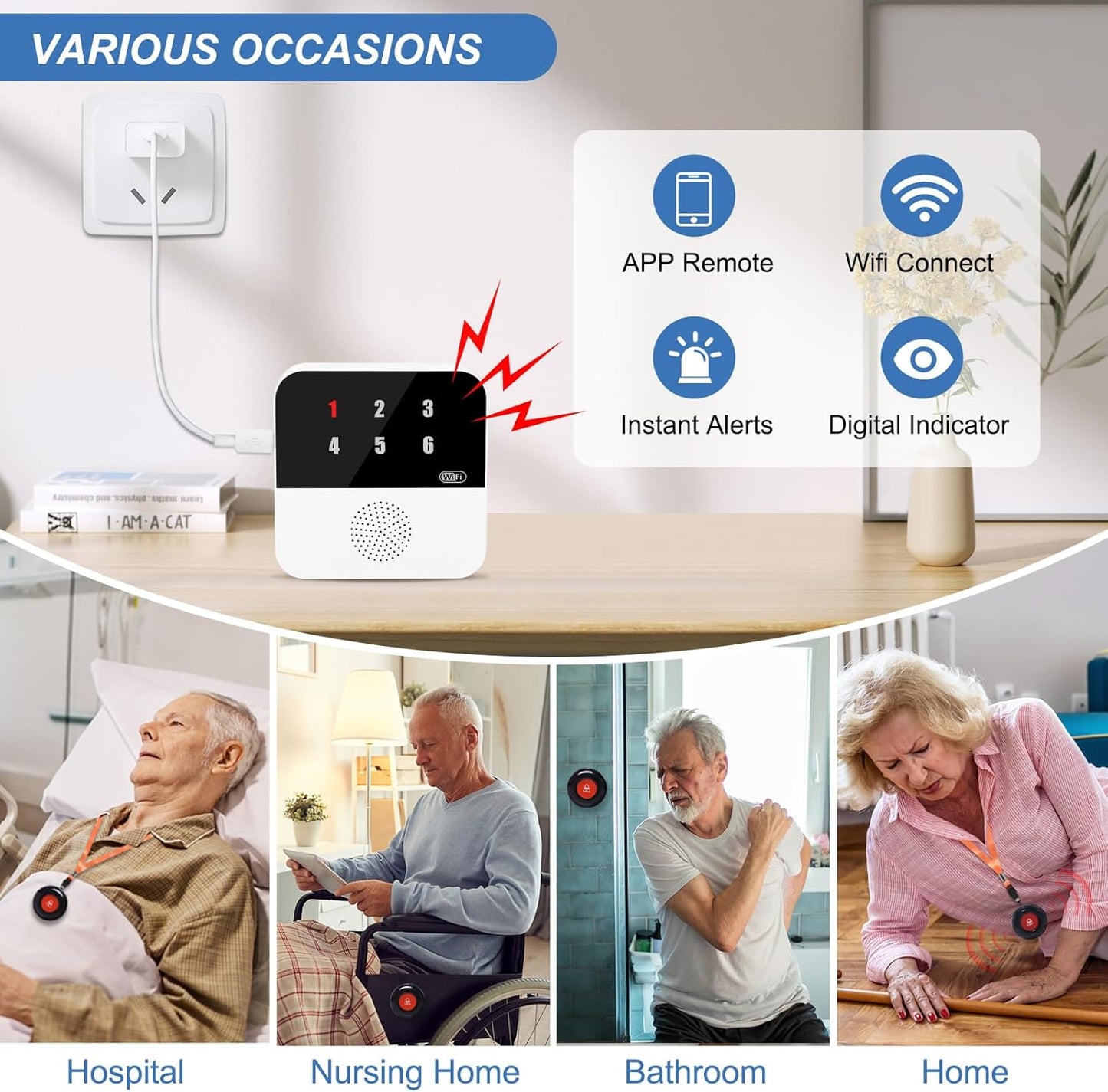WiFi Smart Wireless Caregiver Pagers for Elderly Alert Button That Calls Cell Phone Caregiver Alert System with LED Number Display 2 SOS Call Button 1 Receiver(Only Supports 2.4GHz & No Monthly Fee)