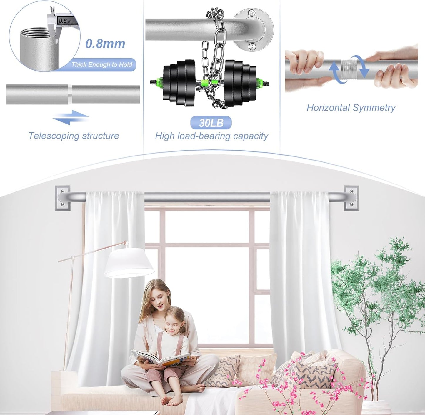 Silver Wrap Around Curtain Rods 28 to 48 Inch:Blackout Heavy duty Adjustable Window Curtain Rod for Bedroom,Industrial Darkening Curved French Metal Single Drapery Rods Easy Install,Nickel
