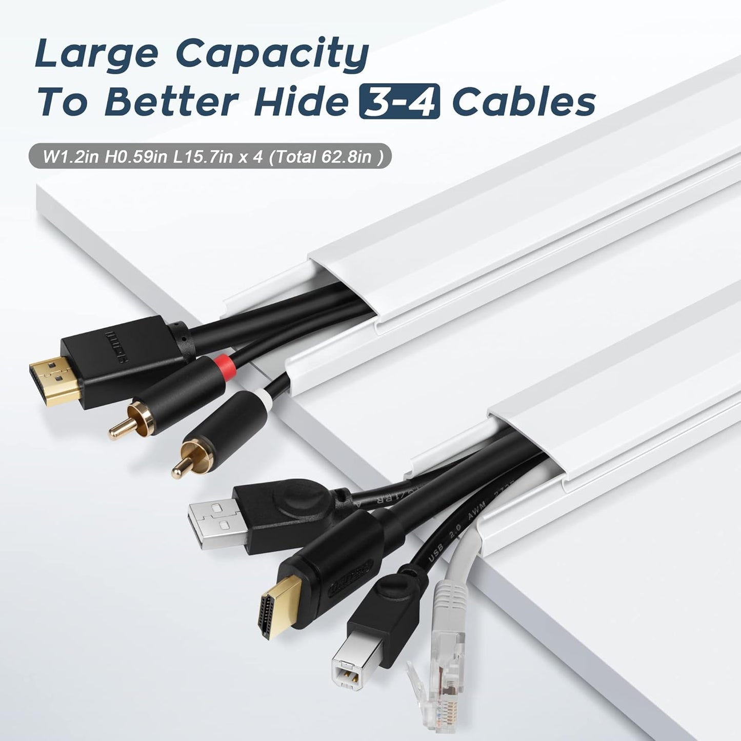 62.8in TV Cable Hider - Cord Hider Cable Management Wall, Cable Raceway Grey Wire Hider, Paintable Cable Concealer for Wall Mounted TV, Wall Wire Covers for Cords, 4* L15.7in *W1.2in *H0.59in