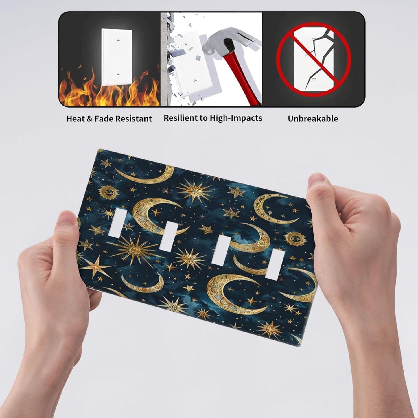 Light Switch Covers Modern Abstract Sky Blue Gold Moon Sun Star Quad Toggle Electrical Faceplate 4 Gang Wall Plate Decorative Switch Plates for Bedroom Kids room Decor