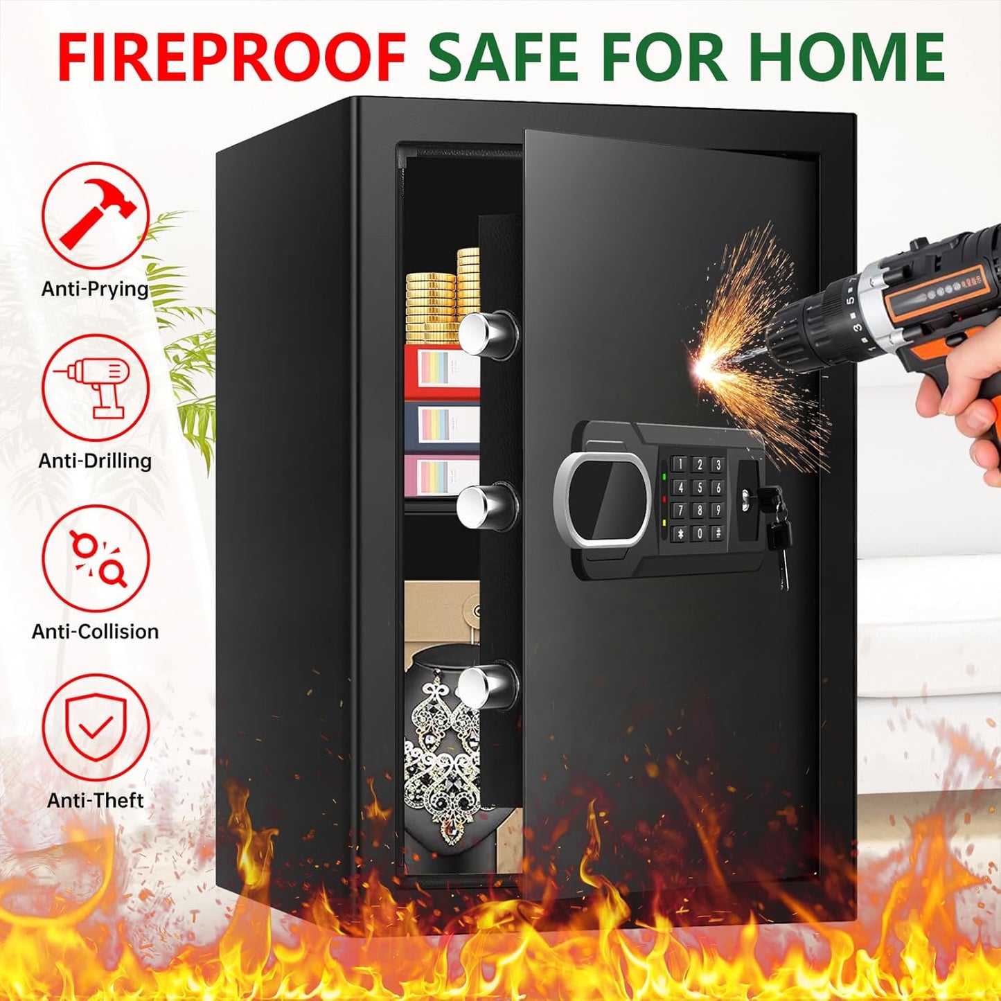 3.3 Cubic Feet Large Fireproof Safes for Home Use, Anti-Theft Digital Security Safe Box With Programmable Keypad & Spare Keys, Home Safes Water and Fireproof for Documents Money Valuables
