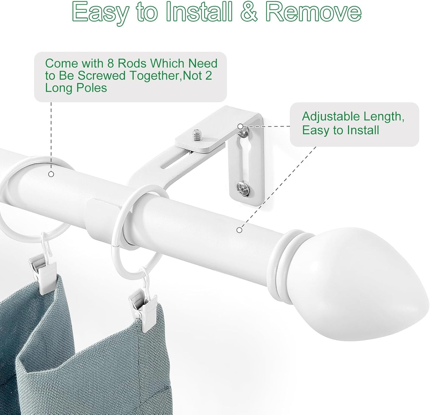 Curtain Rods for Windows 16 to 120 inches, Curtain Rod Max Adjustable Length to 132 in, Drapery Rod 1 inch Diameter with Modern Knobs Finials (White, 16" to 120" - Set of 2)