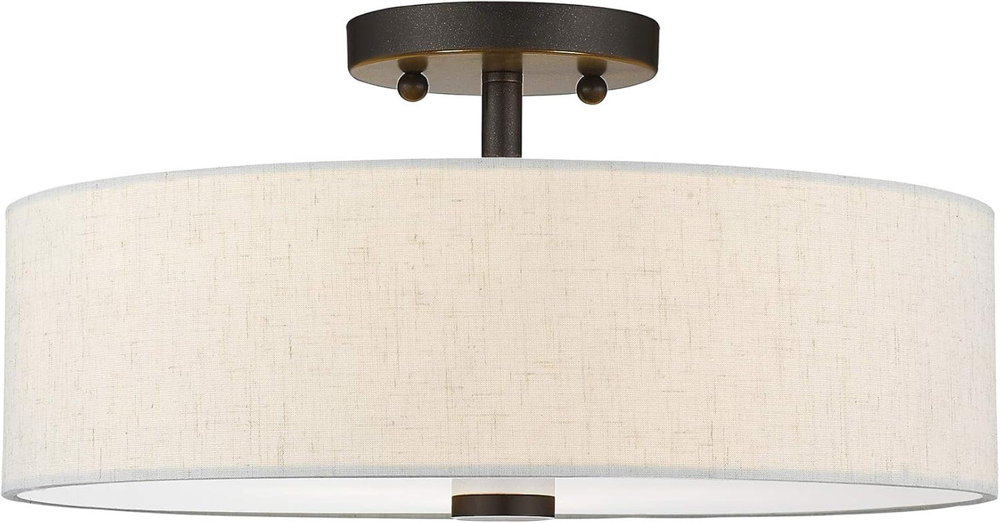 Livex Lighting 52135-92 Meridian Collection 3-Light Semi Flush Mount Ceiling Fixture with Oatmeal Color Fabric Hardback Drum Shade and Satin White Diffuser, English Bronze