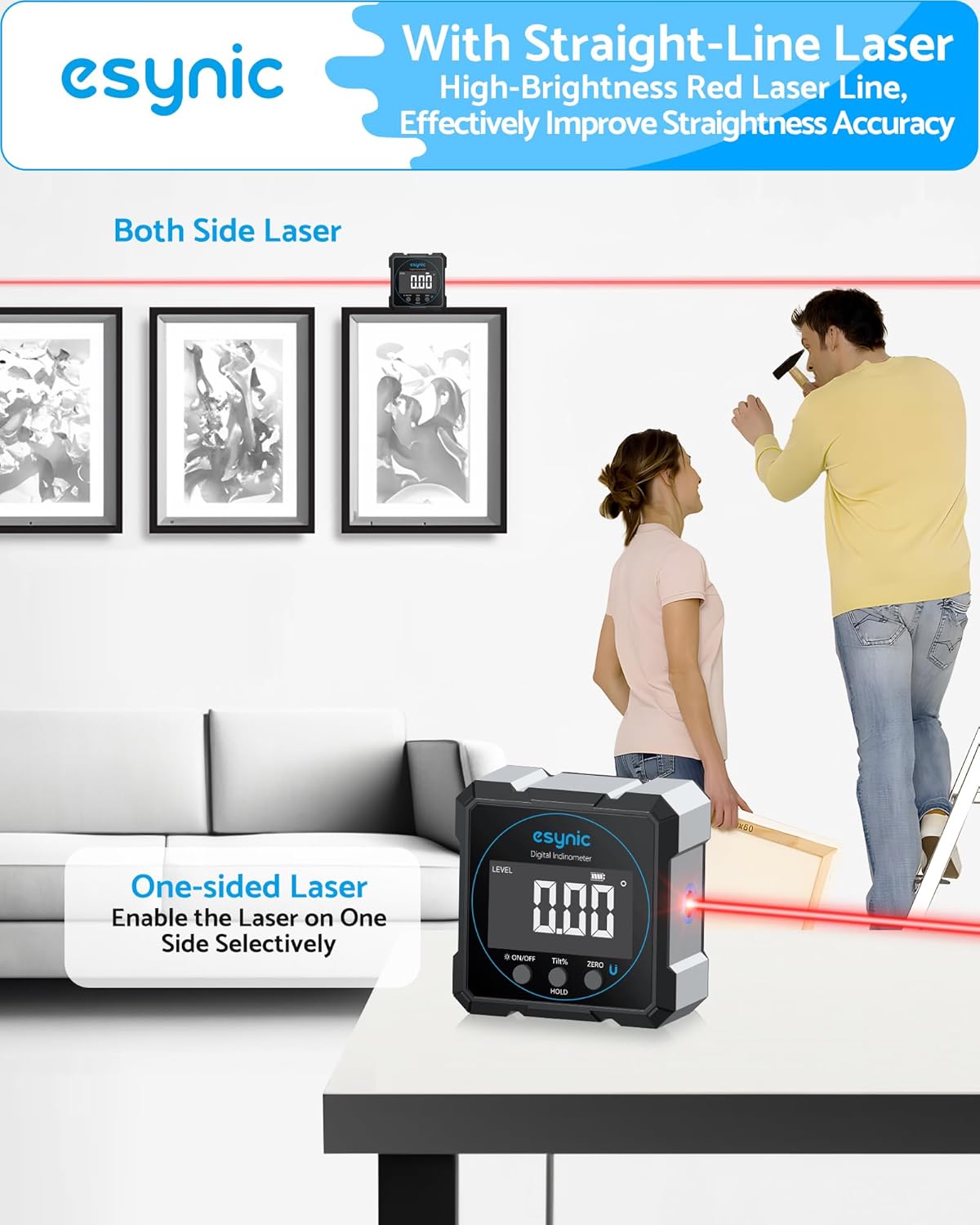 eSynic Digital Angle Finder with Laser USB-C Rechargeable Digital Inclinometer Level IP54 Waterpoof 4 Sides Magnetic Angle Gauge-Auto Off Backlight LCD Display for Construction (Laser Level: Class II)