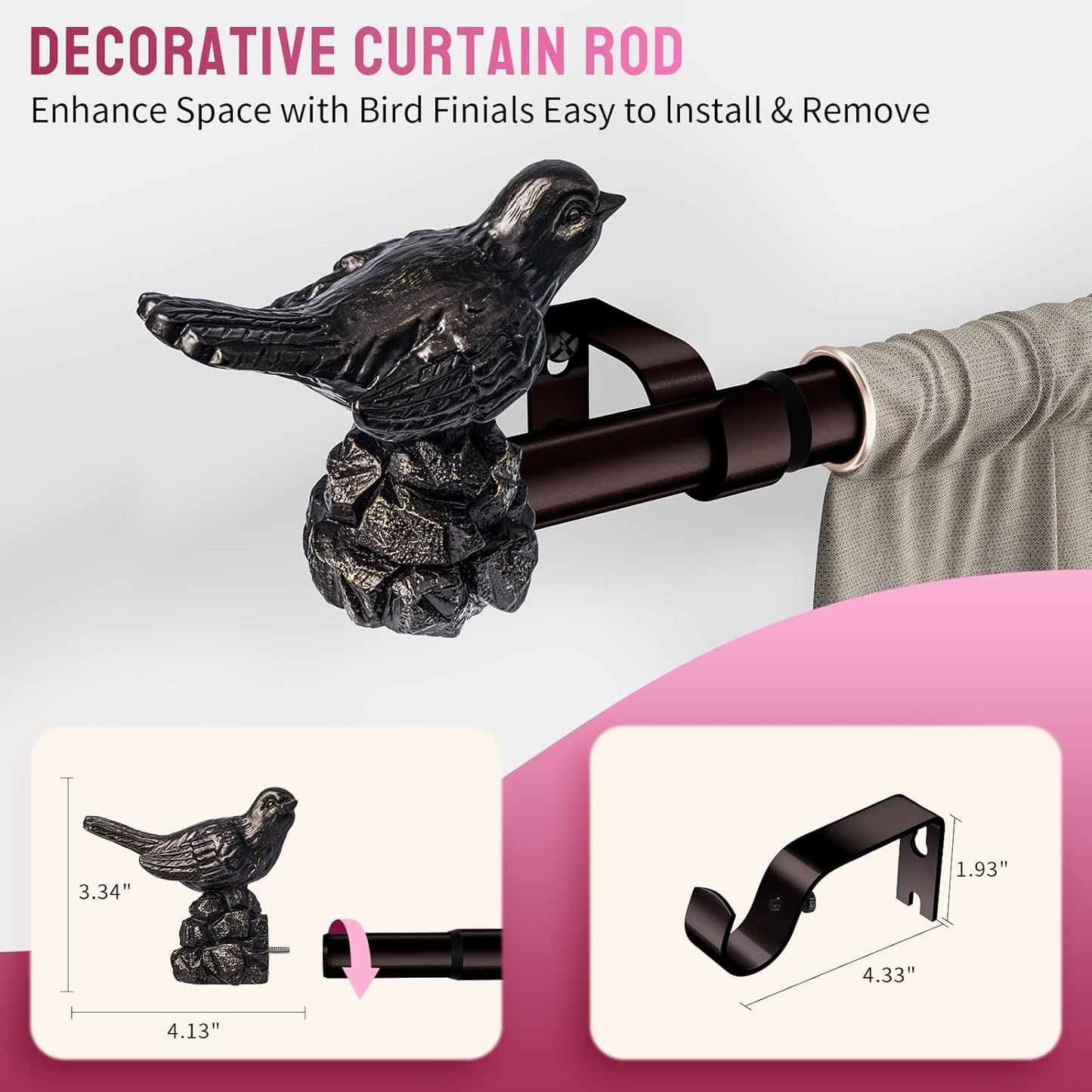 Curtain Rods for Window 48 to 90 Inches Vintage Bronze Curtain Rod with Bird Finials Adjustable Drapery Rod Heavy Duty Curtains Rods for Living Room Kitchen Window