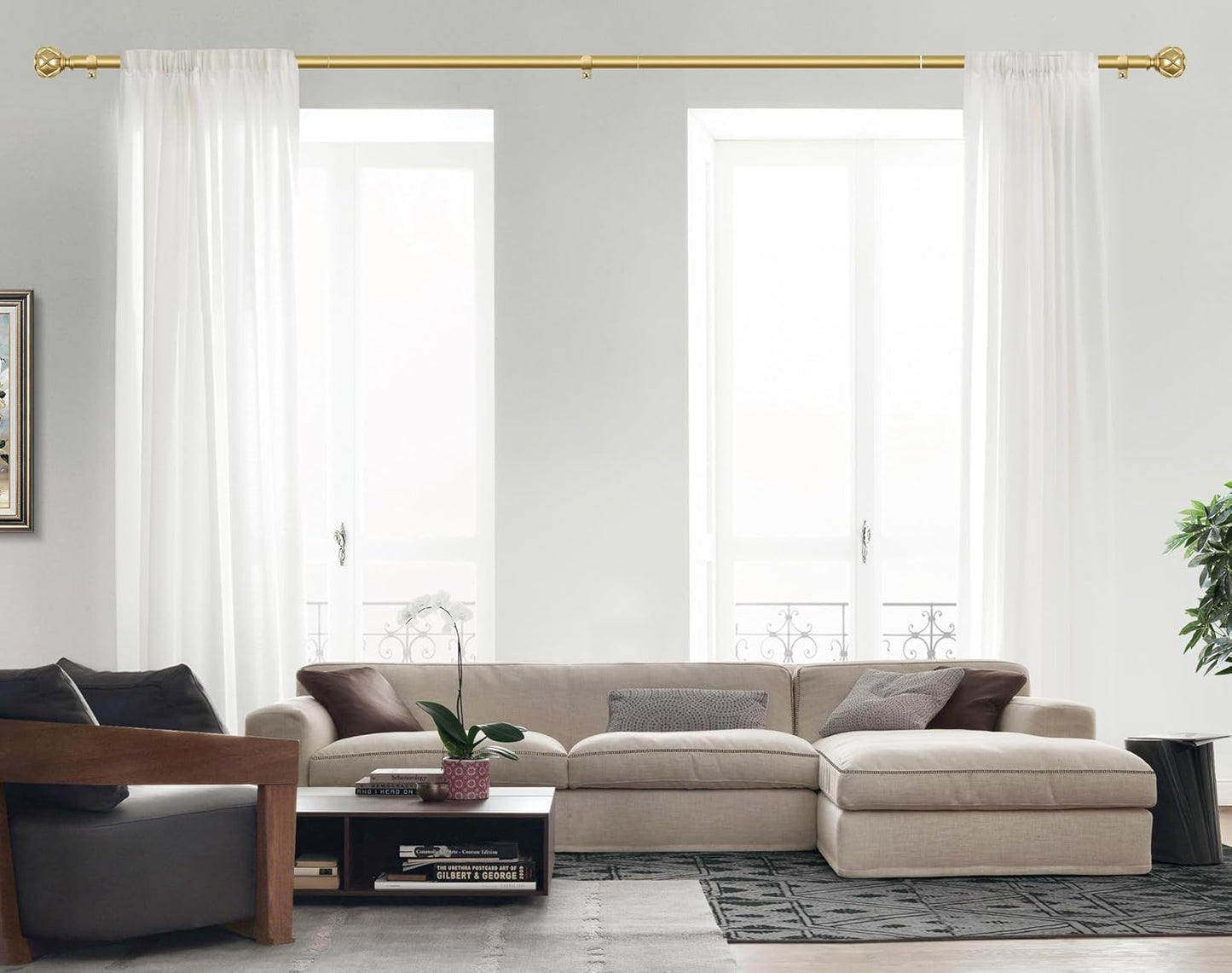 KAMANINA Gold Curtain Rod 72 to 144 Inch (6-12 Feet), Telescoping Single Drapery Rods, 7/8 Inch Heavy Duty Curtain Rods for Windows 66 to 144 Inches, Netted Texture Finials