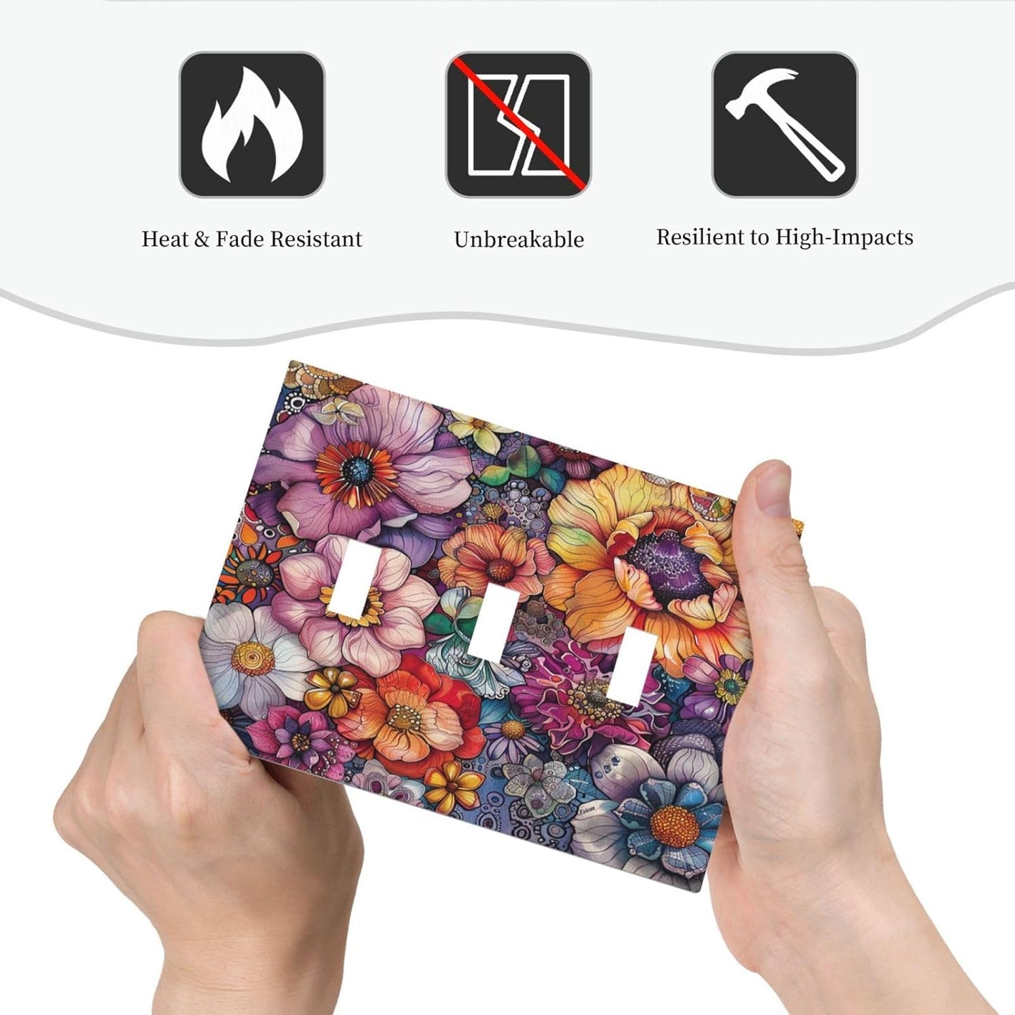 Decorative Switch Plates Colorful Bohemian Flowers Vintage Boho Floral 3 Gang Wall Plate Triple Toggle Light Switch Cover Faceplate Electrical Wall Panels for Bed Room living Room Decor