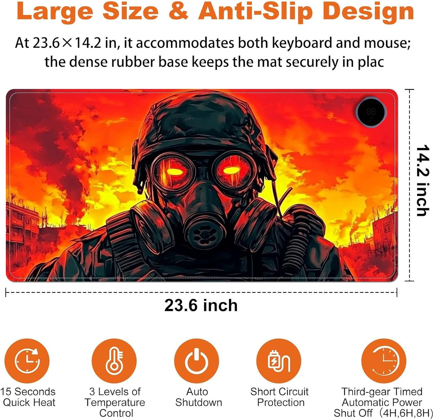 Small Heated Desk Pad 23.6" x 14.2" – Compact Electric Mouse Pad with 3 Heating Levels, Auto Shut-Off, Waterproof PU Surface, Plug-in Warmer for Office or Home Use, Mask Soldier
