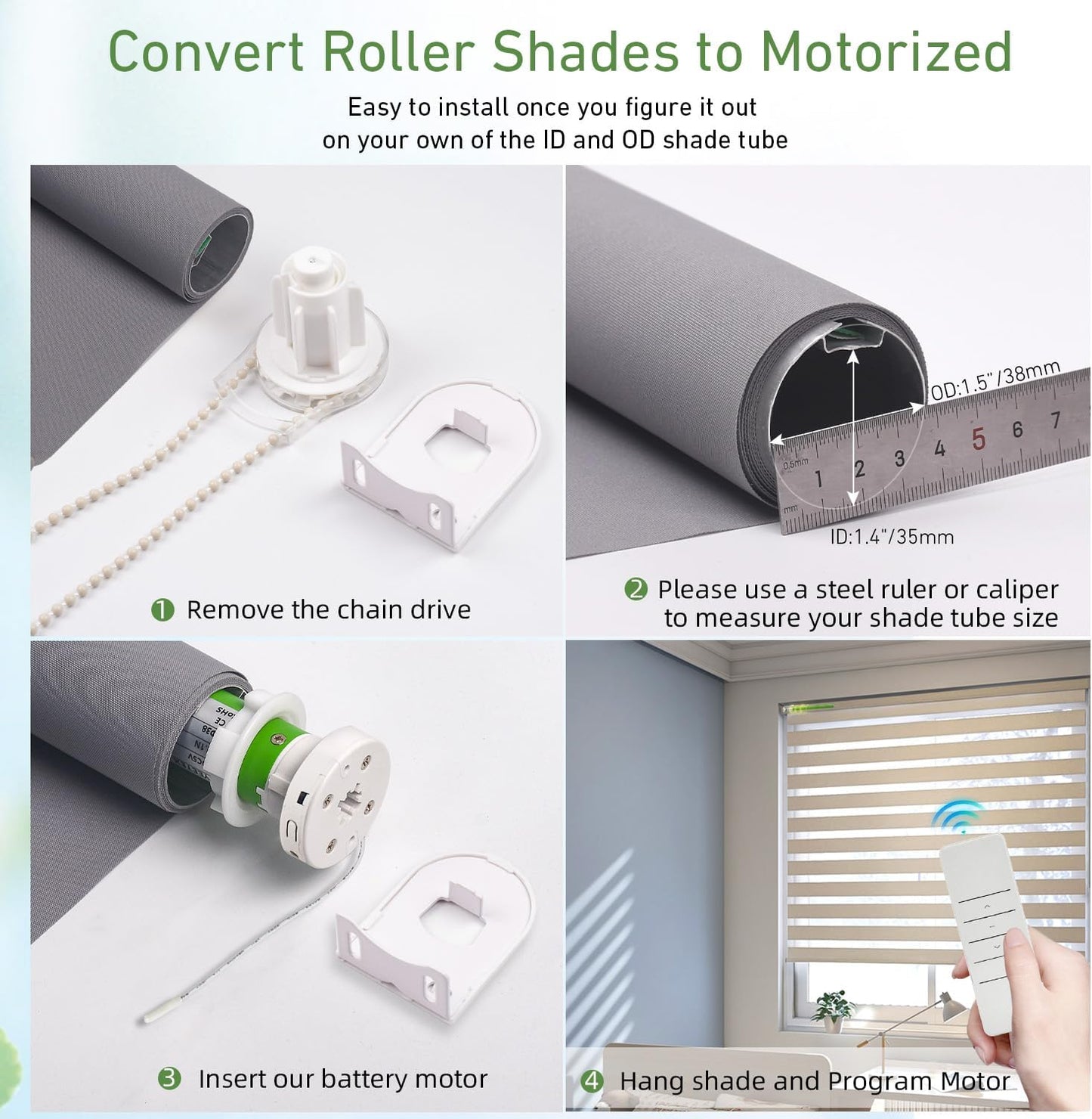 5V USB-C Tubular Motor Blinds Kit Retrofit Motorized Roller Blind with Remote Control, Rechargeable Smart Blinds for Windows