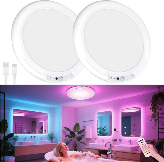 maylit Shower Lights 2 Pack, RGBW Rechargeable Ceiling Light, Waterproof Battery Operated Lamp, Wireless Stick on Inside Motion Sensor Mood LED Lighting for Bathroom No Wiring, Indoor
