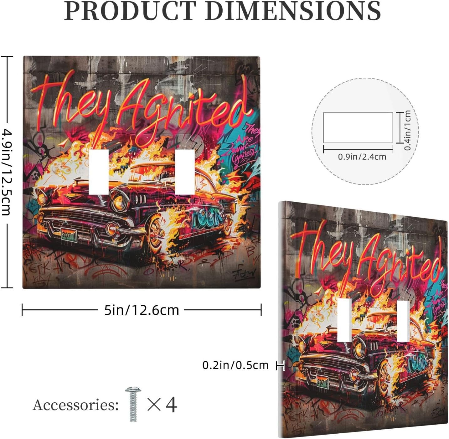 Decorative Switch Plates Hip Hop Street Graffiti Flame Car 2 Gang Double Toggle Outlet Light Switch Cover Wall Plate Electrical Faceplate for Bedroom living Room Decor
