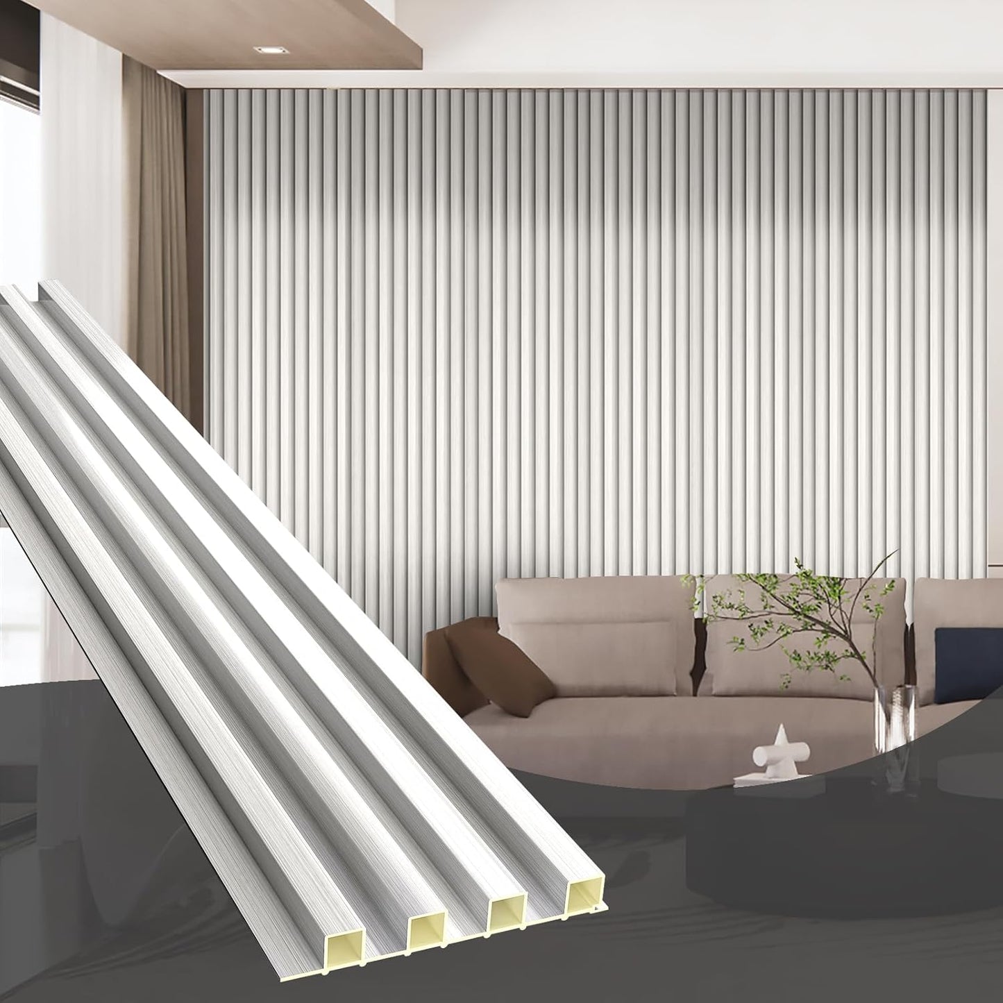 OUZUGIE WPC Acoustic Slat Wall Paneling, 8-Pack 96 x 6 Inches 3D Wall Panels for Interior Wall Decor,Living Room,TV Background,Study Room,Office Spaces,Bedroom,High Grille (Metallic Silver)
