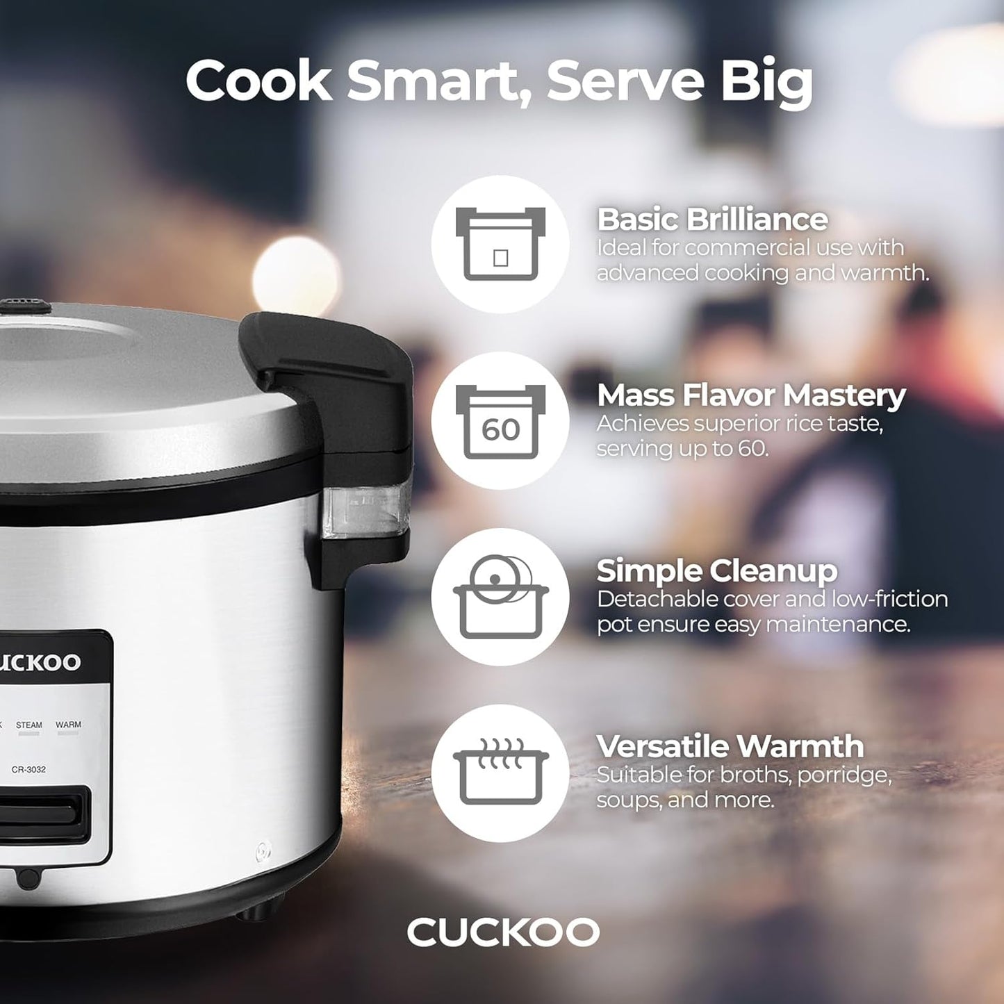 CUCKOO Commercial Rice Cooker & Warmer, Extra Large Rice Cooker 30-Cup Uncooked / 60-Cup Cooked, Professional Industrial Grain Cooker with Large Capacity, Easy One-Touch Operation, Silver (CR-3032)