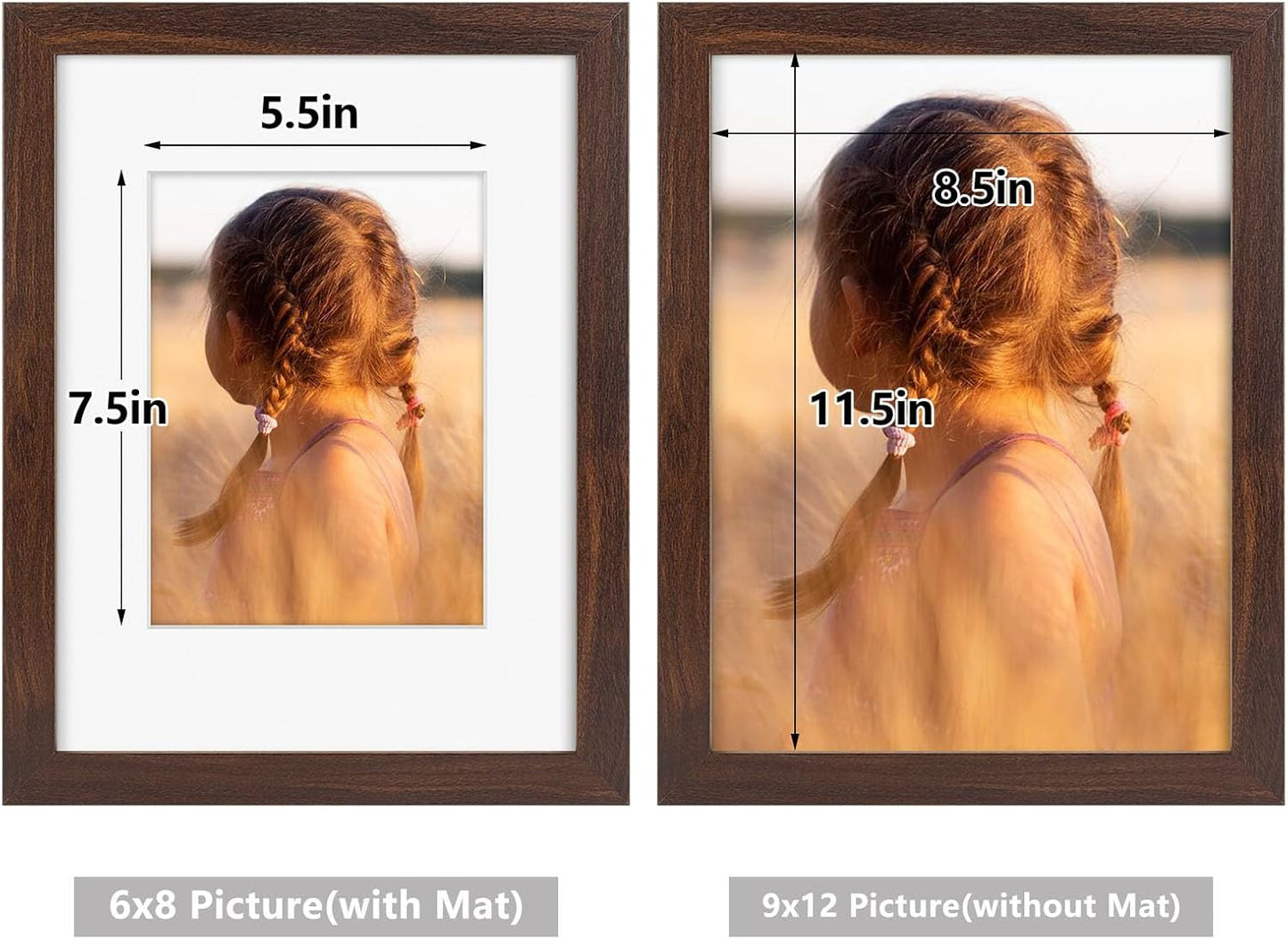Golden State Art, 9x12 Picture Frame with Mat for 6x8 - High Definition Glass Wall Mounting Horizontal Vertical Display (Brown, 1 Pack)