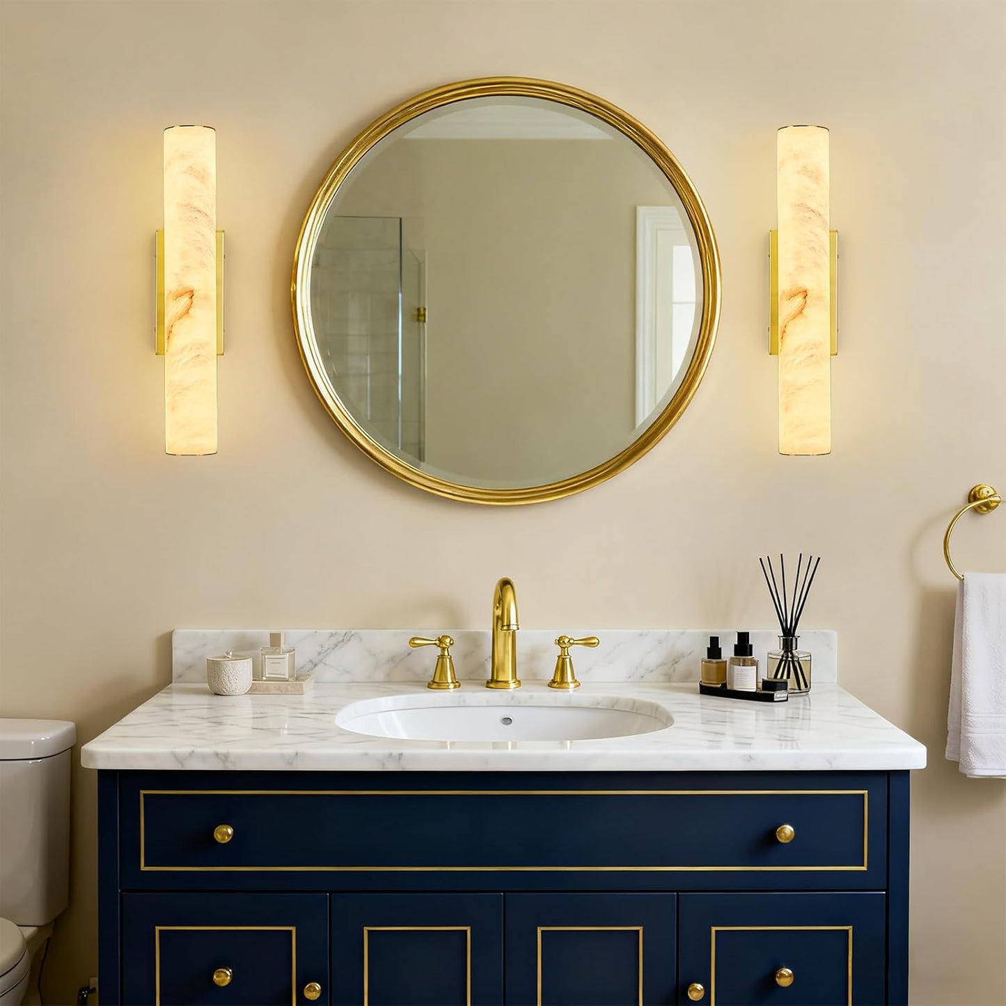 LMQNINE Natural Alabaster Wall Sconces Set of Two Spanish Marble Wall Light Cylinder Modern Gold LED Sconce for Living Room Bedroom Bathroo Stairs（S-2Pack）