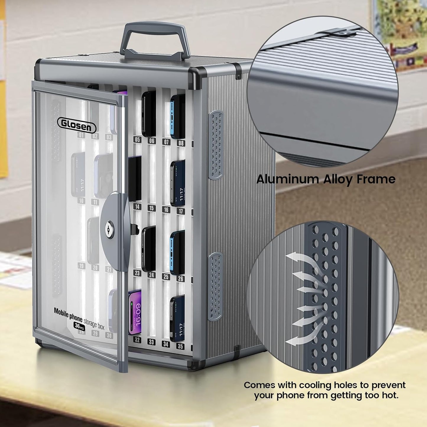 Glosen 36 Slots Cell Phone Locker, Portable Phone Storage Cabinet [Wall Mounted] [Aluminum Alloy] Cellphone Lock Box with Key & Handle for School Classroom Office Exam (Black)