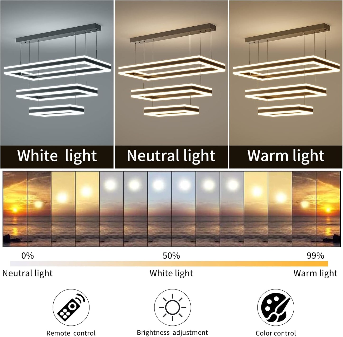 Modern Ceiling Pendant Light, LED Chandelier with Remote Control Dimmable 3 Color Mode & Brightness, Anti-Flicker Pendant Lights Kitchen Island Light Fixture for Dining Room Living Room