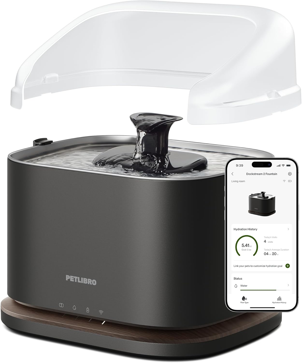 PETLIBRO Upgrade Cordless Cat Water Fountain + Splash Shield, Cat Fountain App Monitoring 3L/101oz Dockstream 2 Pet Water Fountain with Stainless Steel Tray, Shield Prevent Water Spills