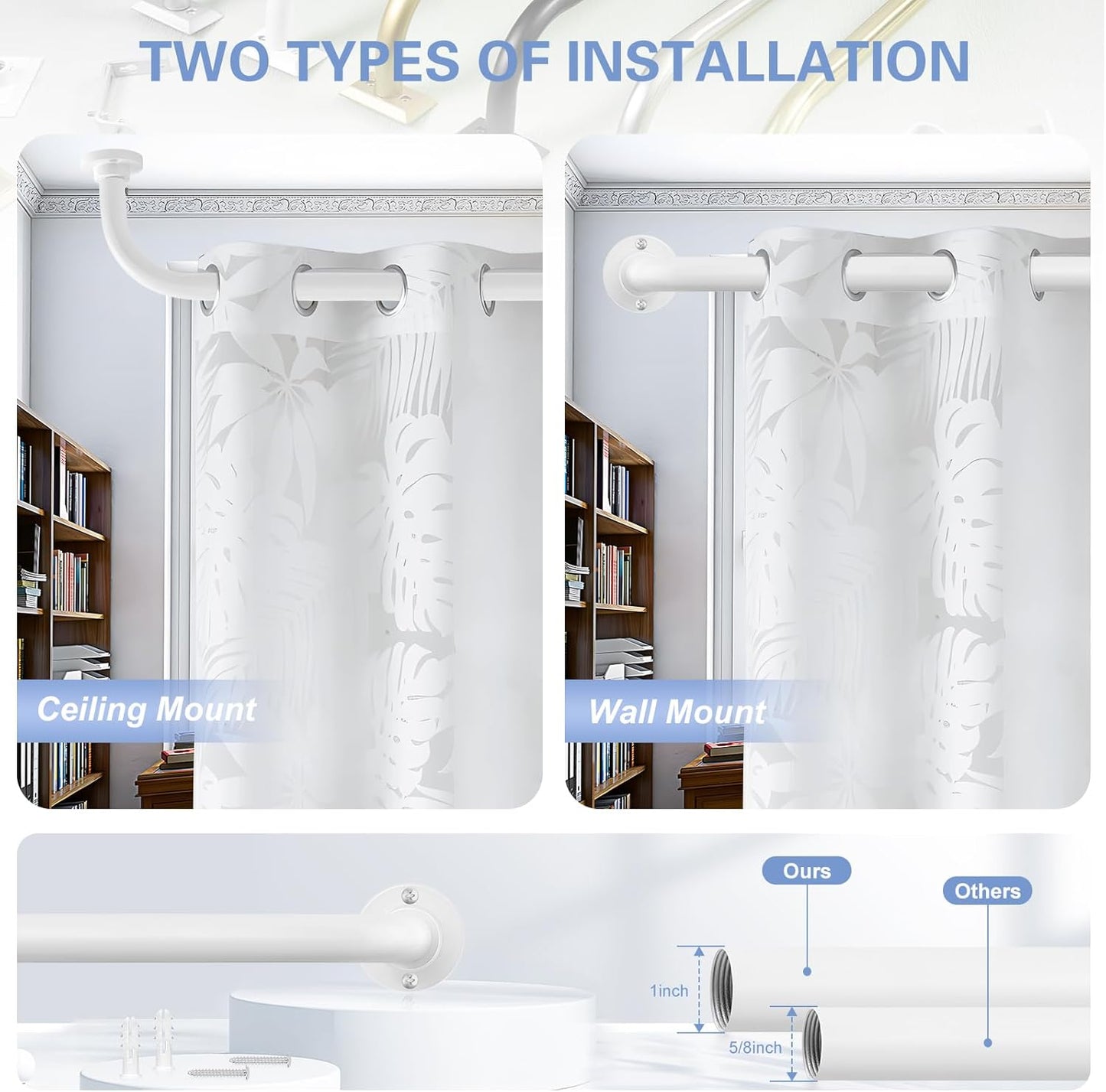 White Wrap Around Curtain Rods 48 to 90 Inch:Blackout Heavy duty Adjustable Window Curtain Rod for Bedroom,Industrial Darkening Curved French Metal Single Drapery Rods Easy Install,Pure White